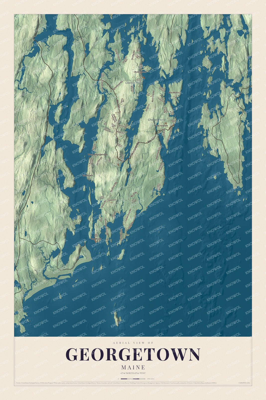 Georgetown aerial map with local roads and waterways