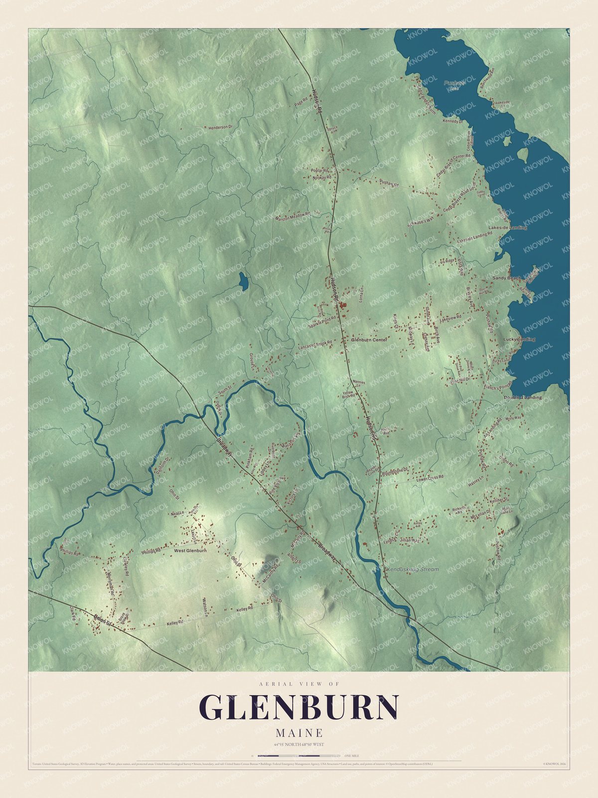 Glenburn aerial map with local roads and waterways