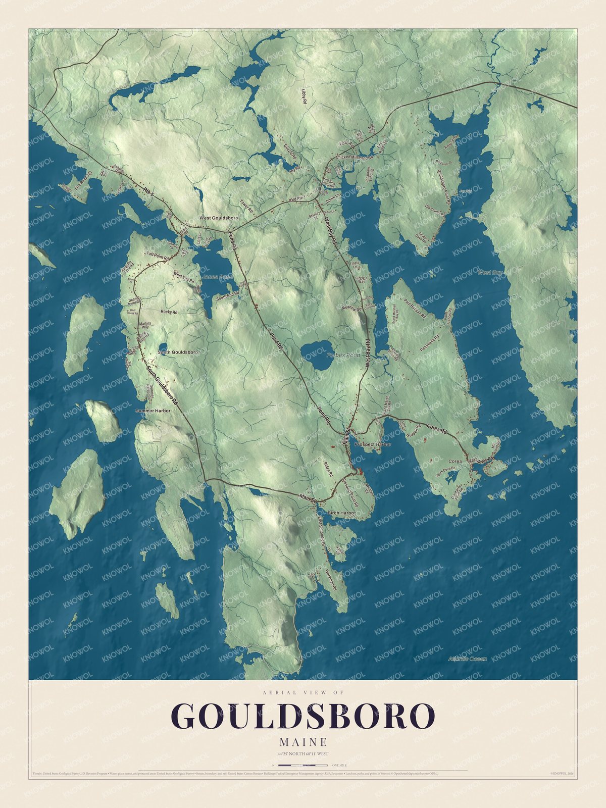 Gouldsboro aerial map with local roads and waterways