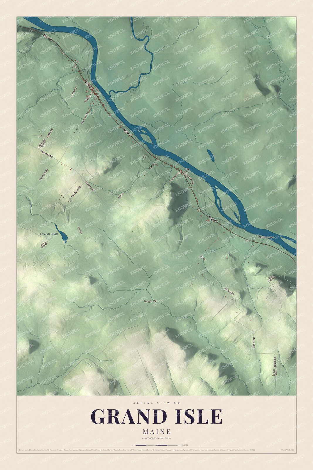 Grand Isle aerial map with local roads and waterways