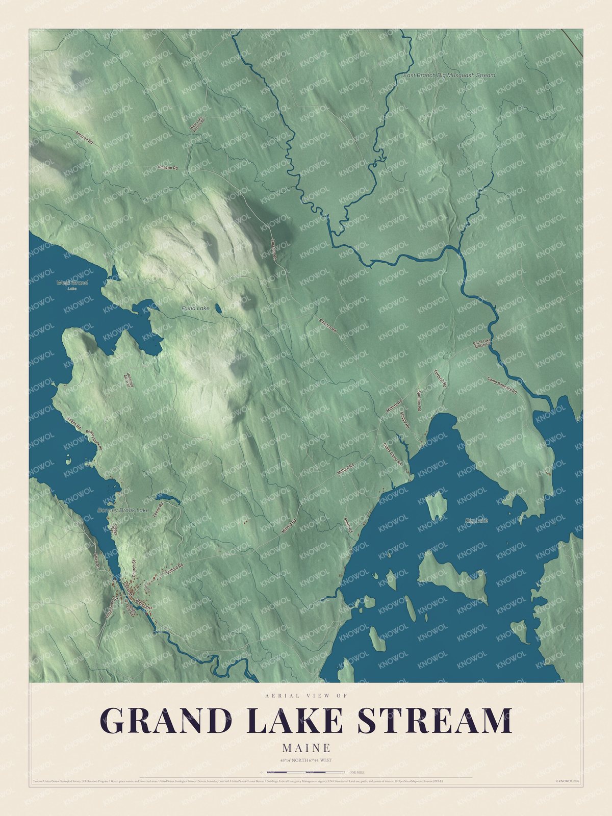 Grand Lake Stream aerial map with local roads and waterways