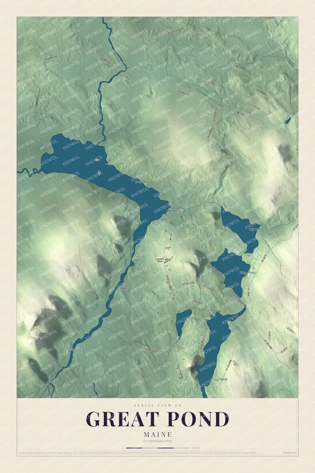 Great Pond aerial map with local roads and waterways