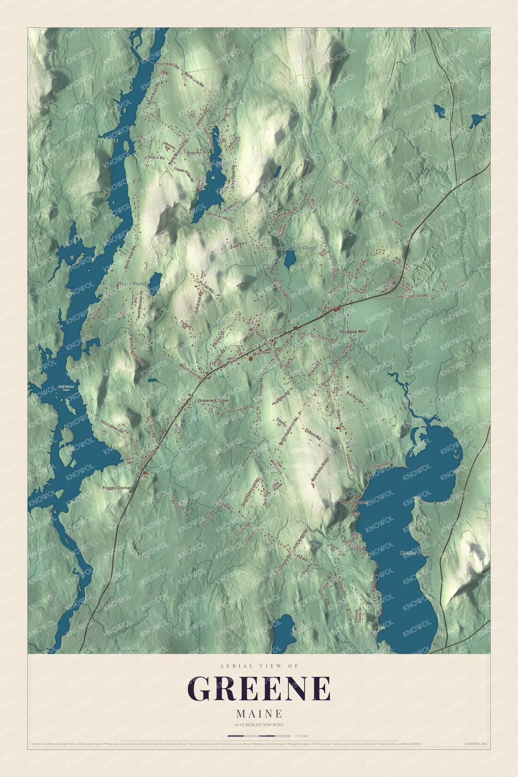 Greene aerial map with local roads and waterways
