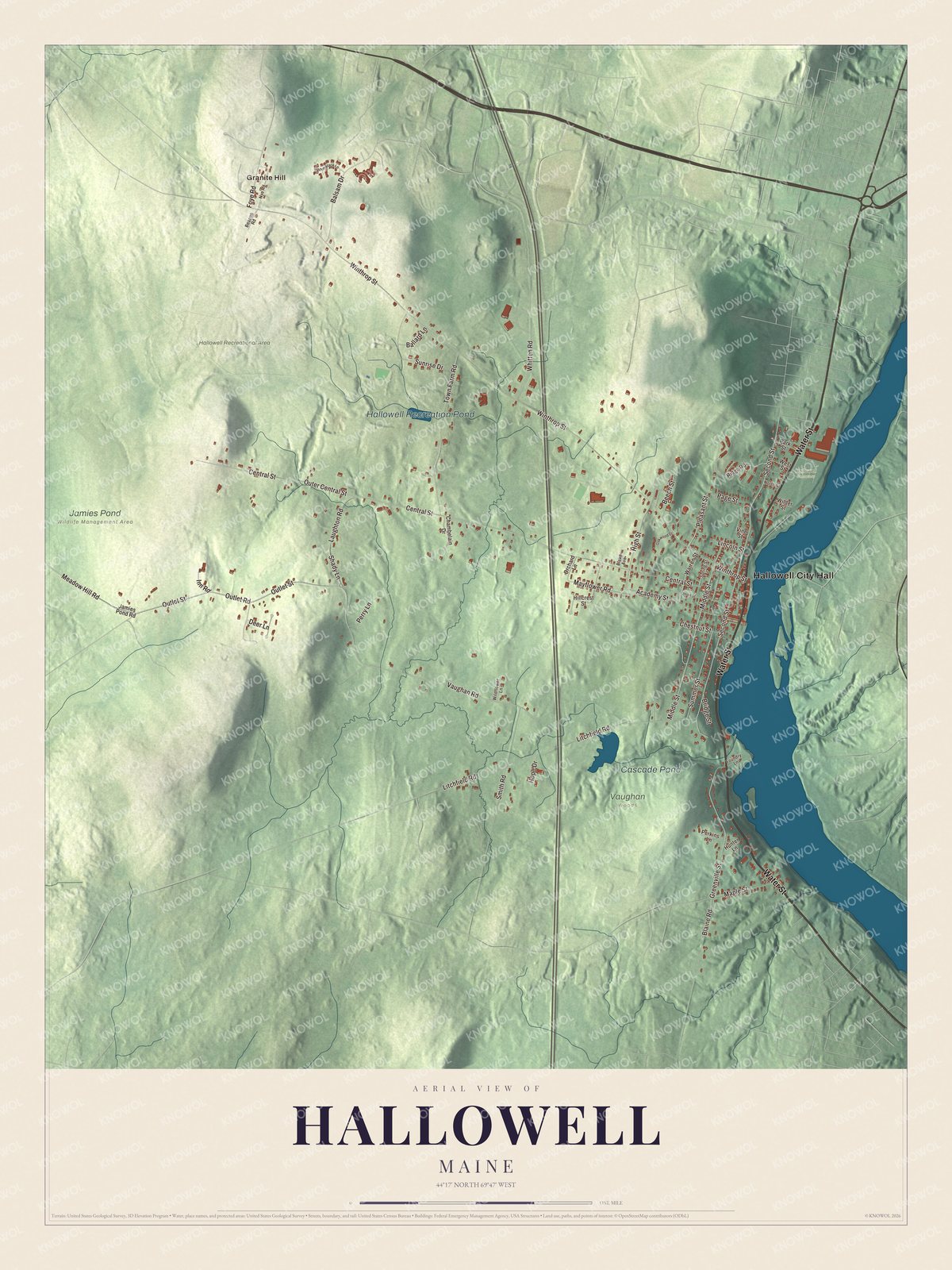 Hallowell aerial map showing familiar roads and local terrain