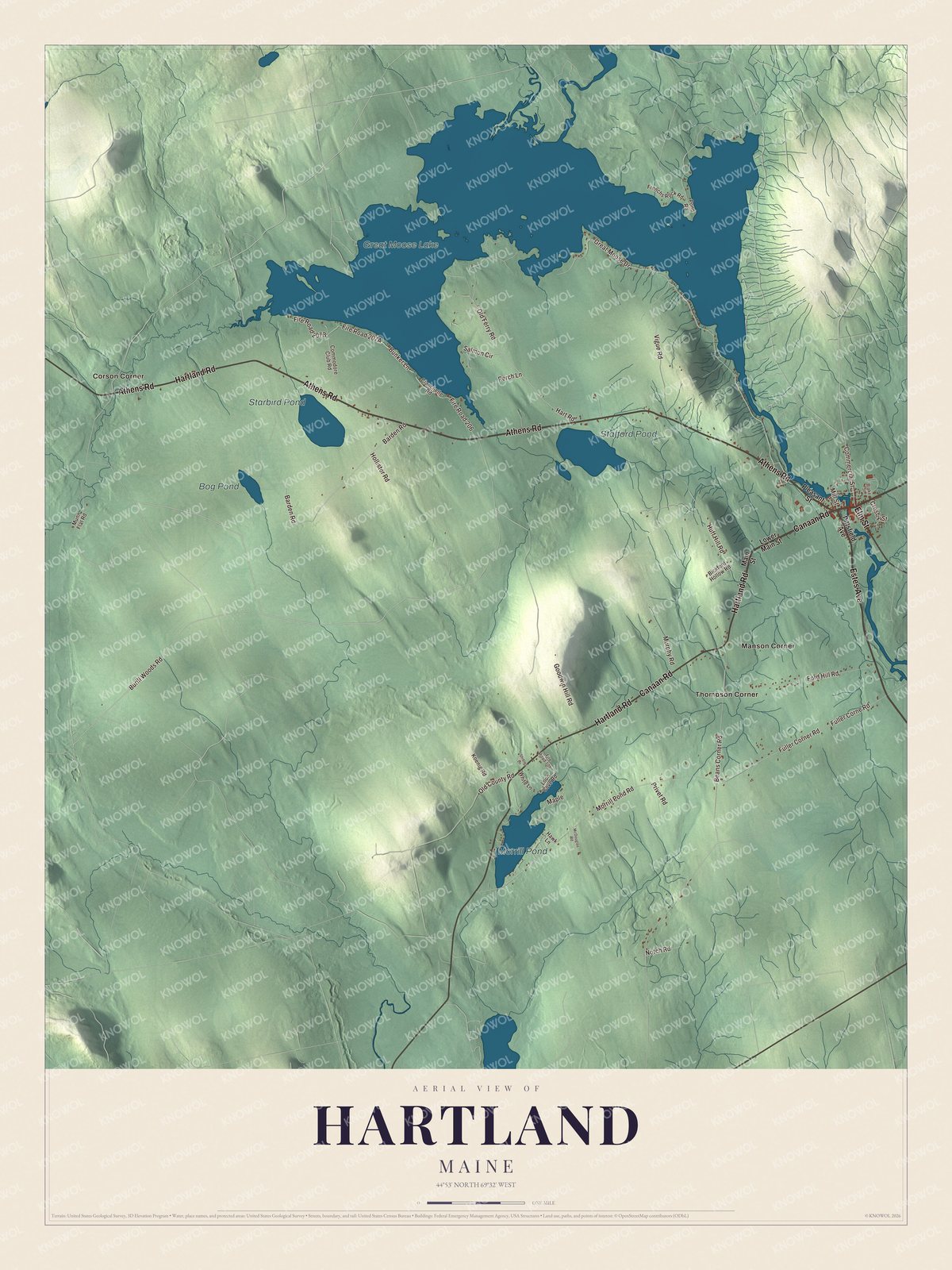 Hartland aerial map showing familiar roads and local terrain