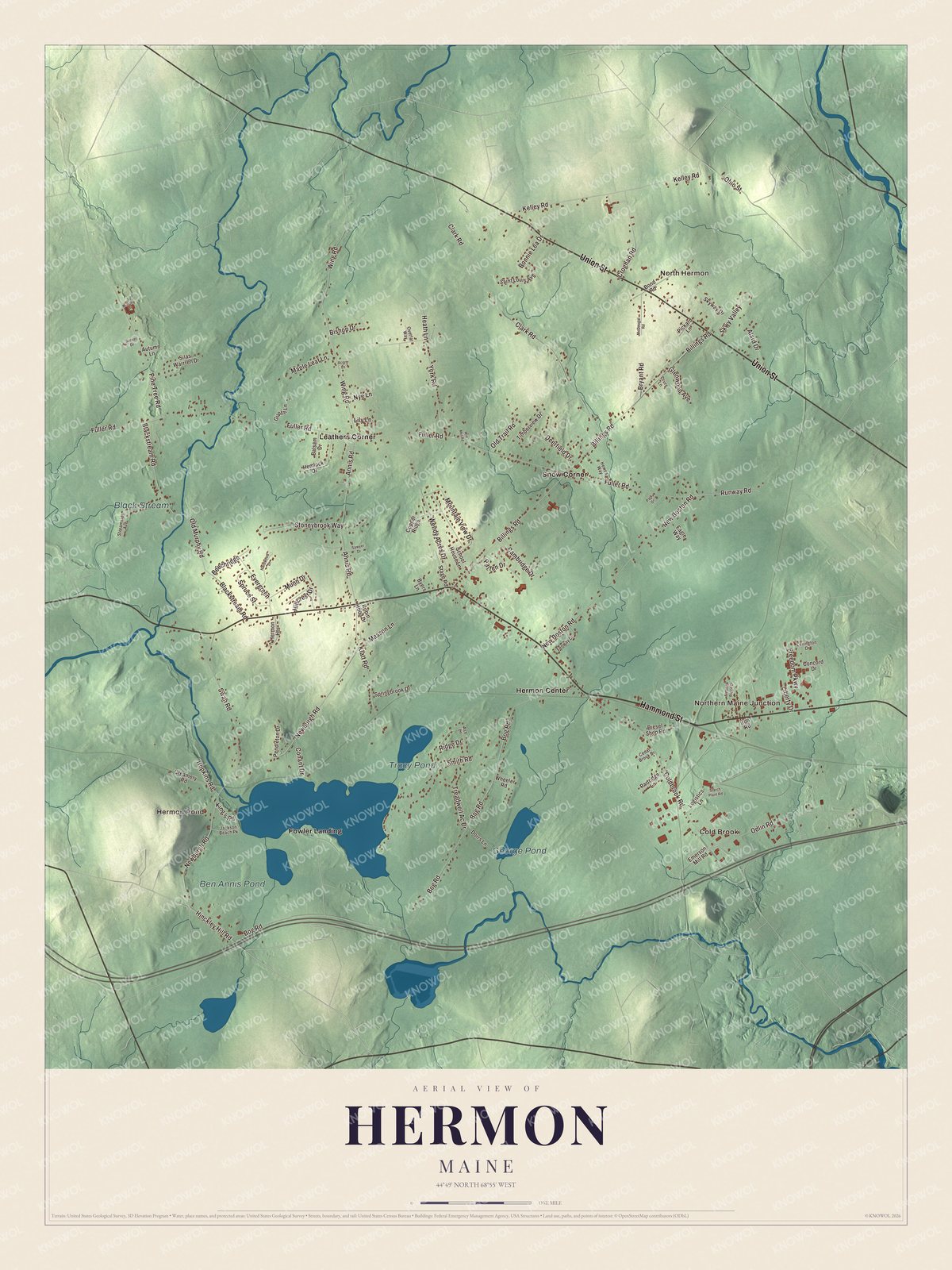 Hermon aerial map with named roads and local terrain