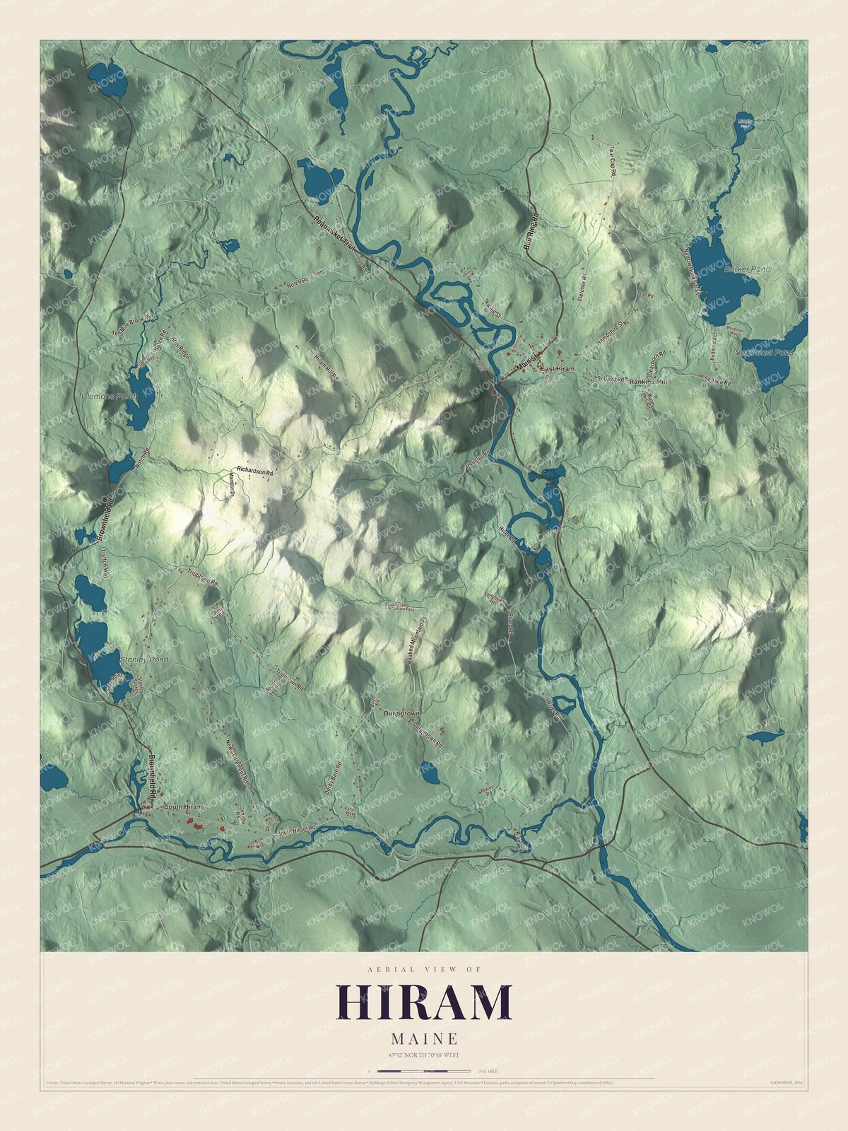 Hiram aerial map with named roads and local terrain