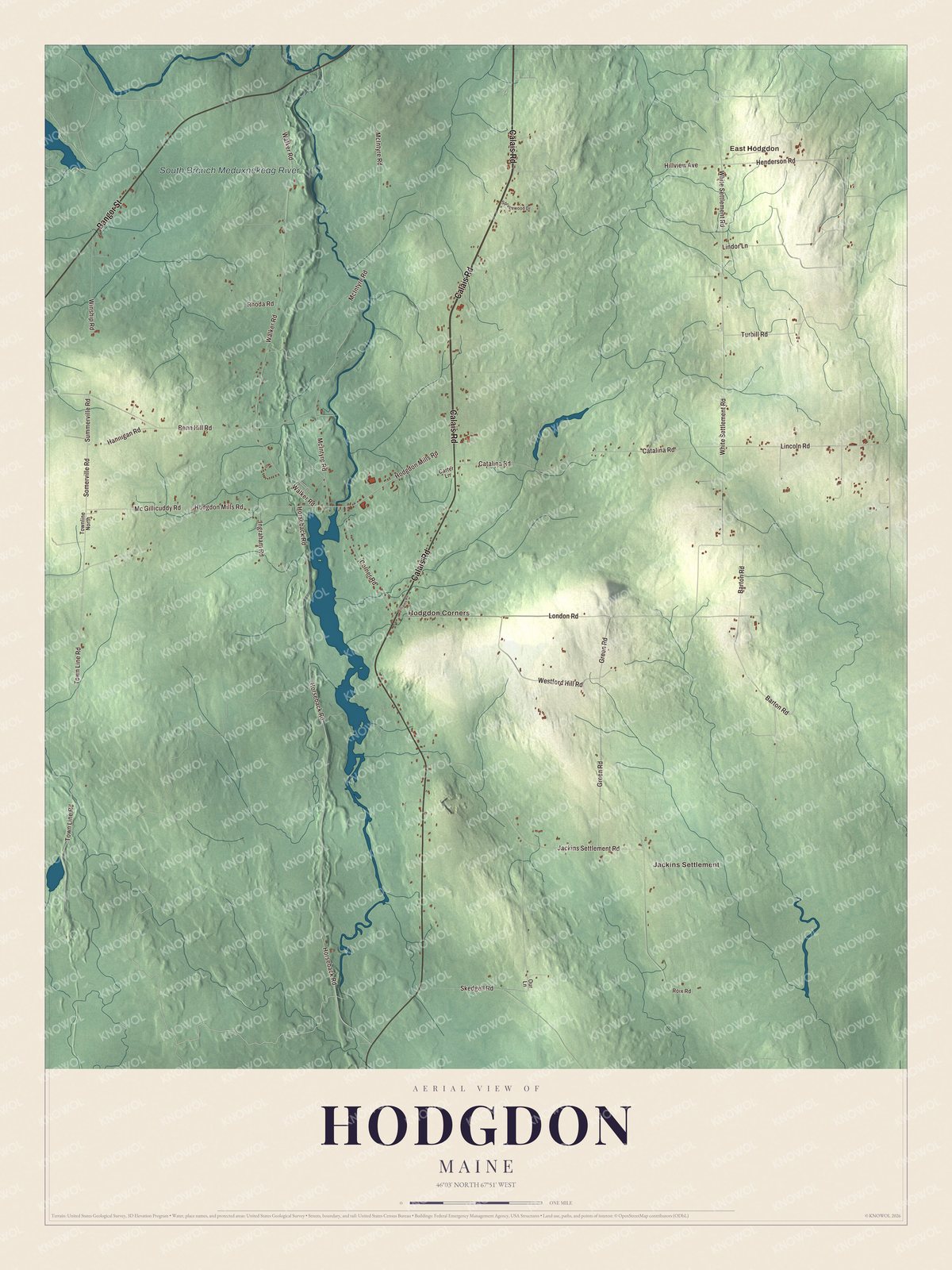 Hodgdon aerial map with named roads and local terrain