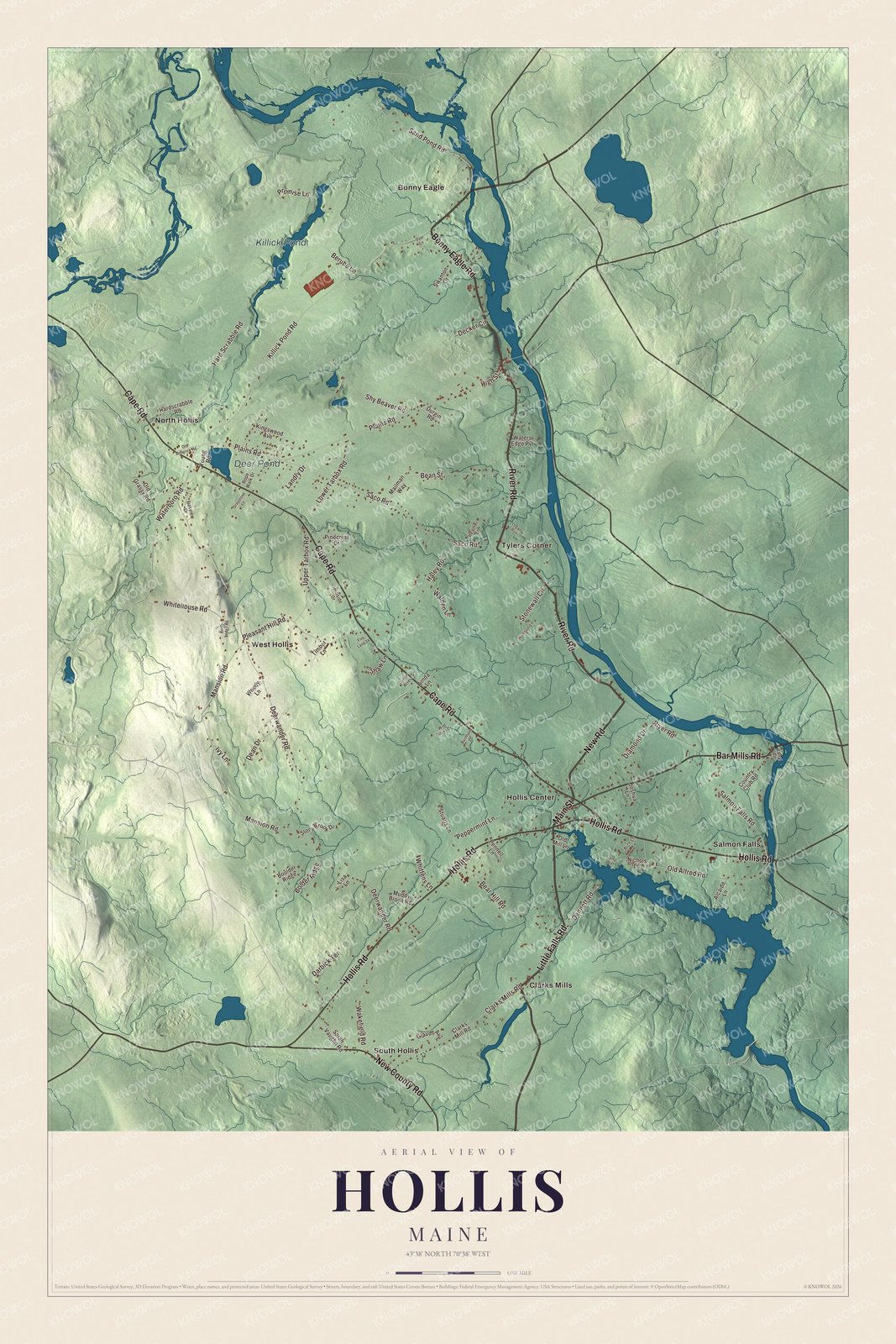 Hollis aerial map with named roads and local terrain
