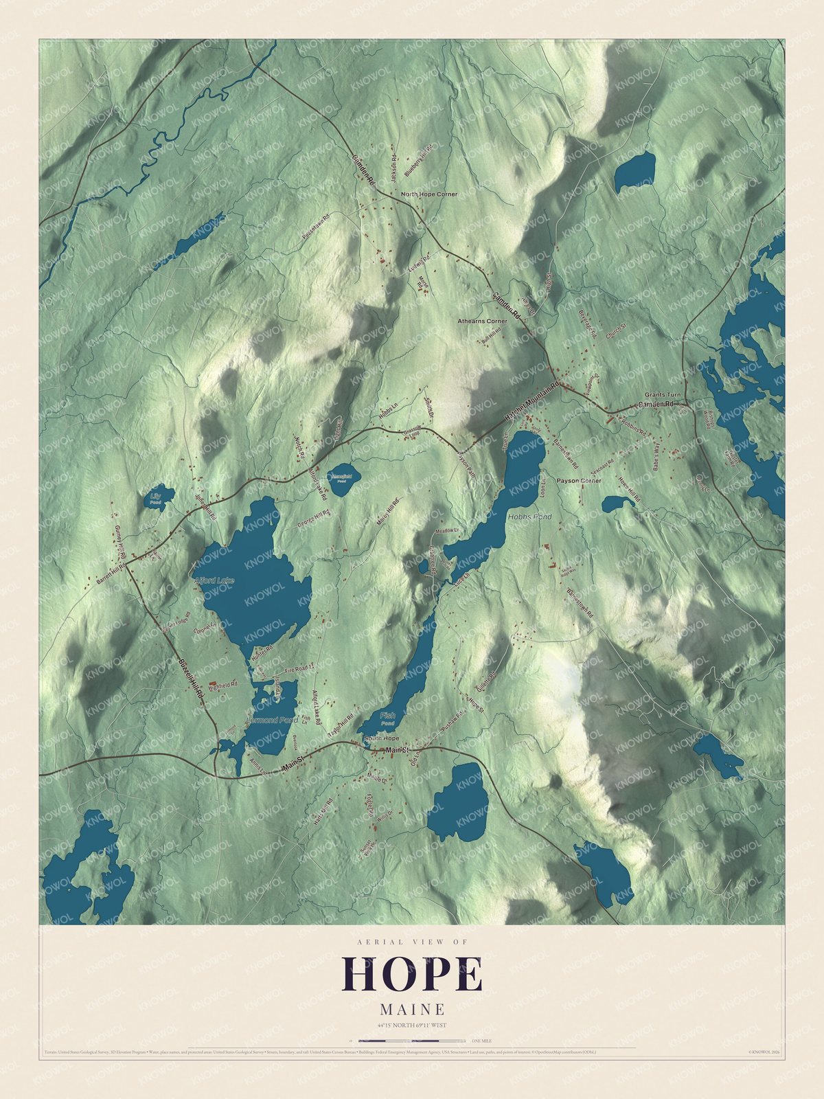 Hope aerial map with named roads and local terrain