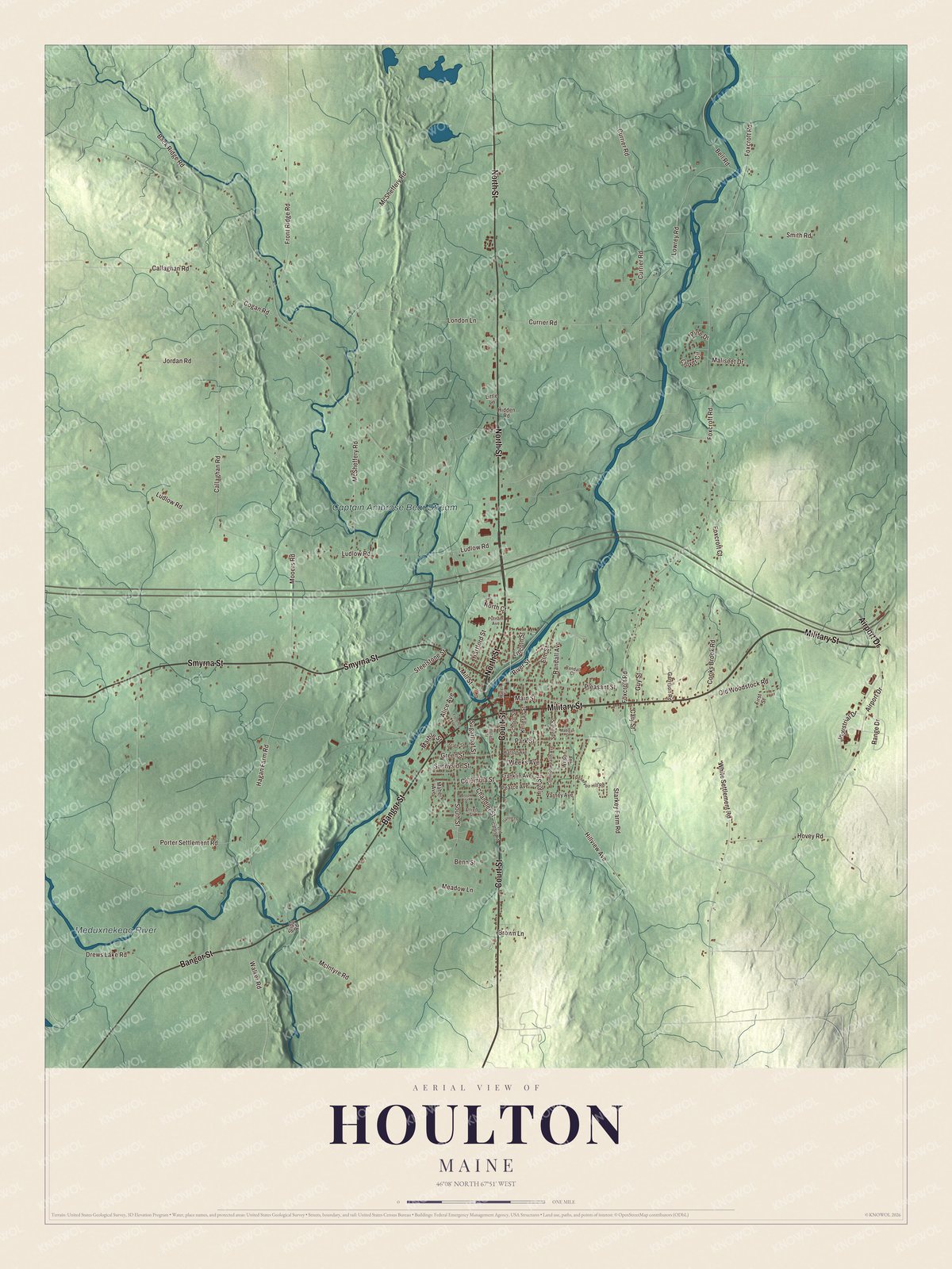 Houlton aerial map with named roads and local terrain