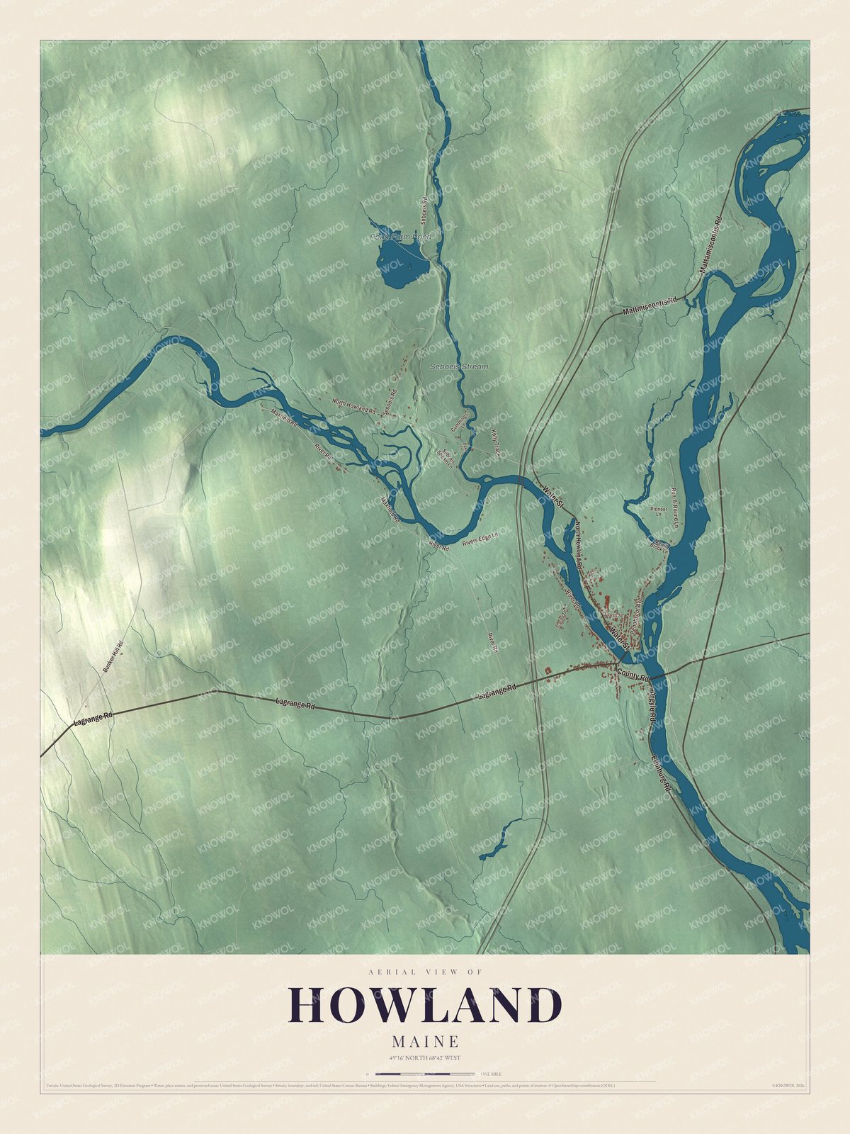 Howland aerial map with named roads and local terrain