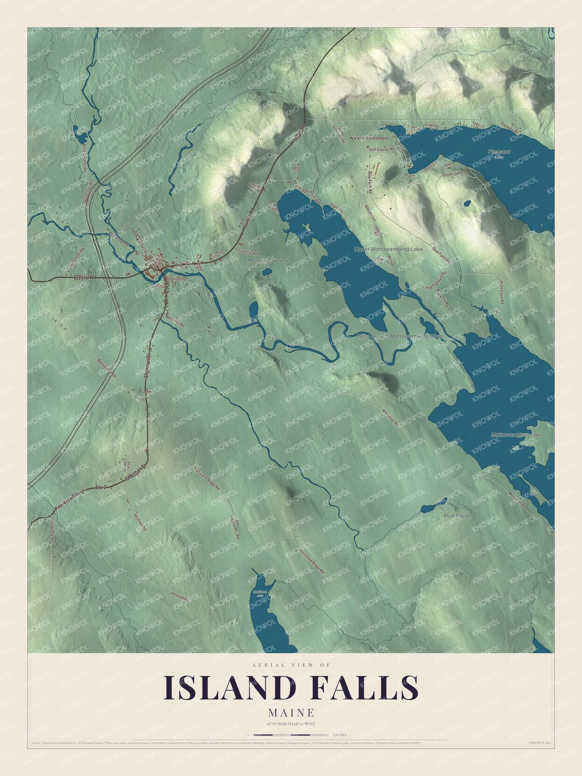Island Falls aerial map with named roads and local terrain