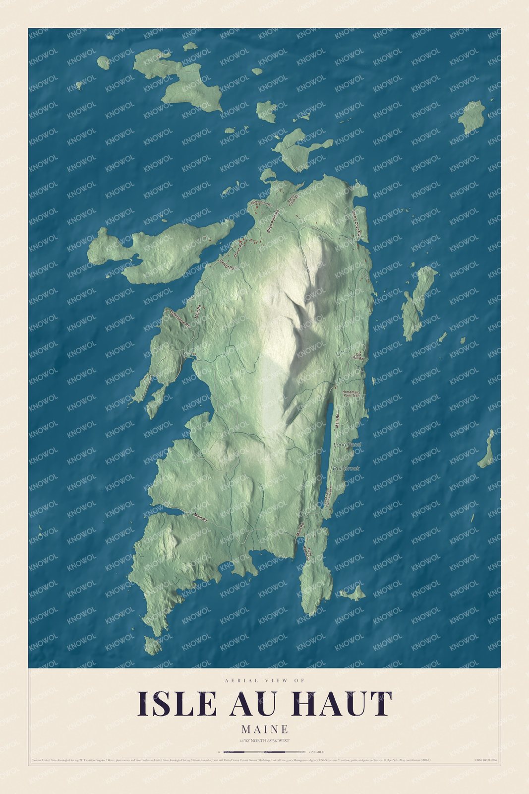 Aerial map of Isle Au Haut, Maine, with roads, buildings, ponds and waterways, and terrain