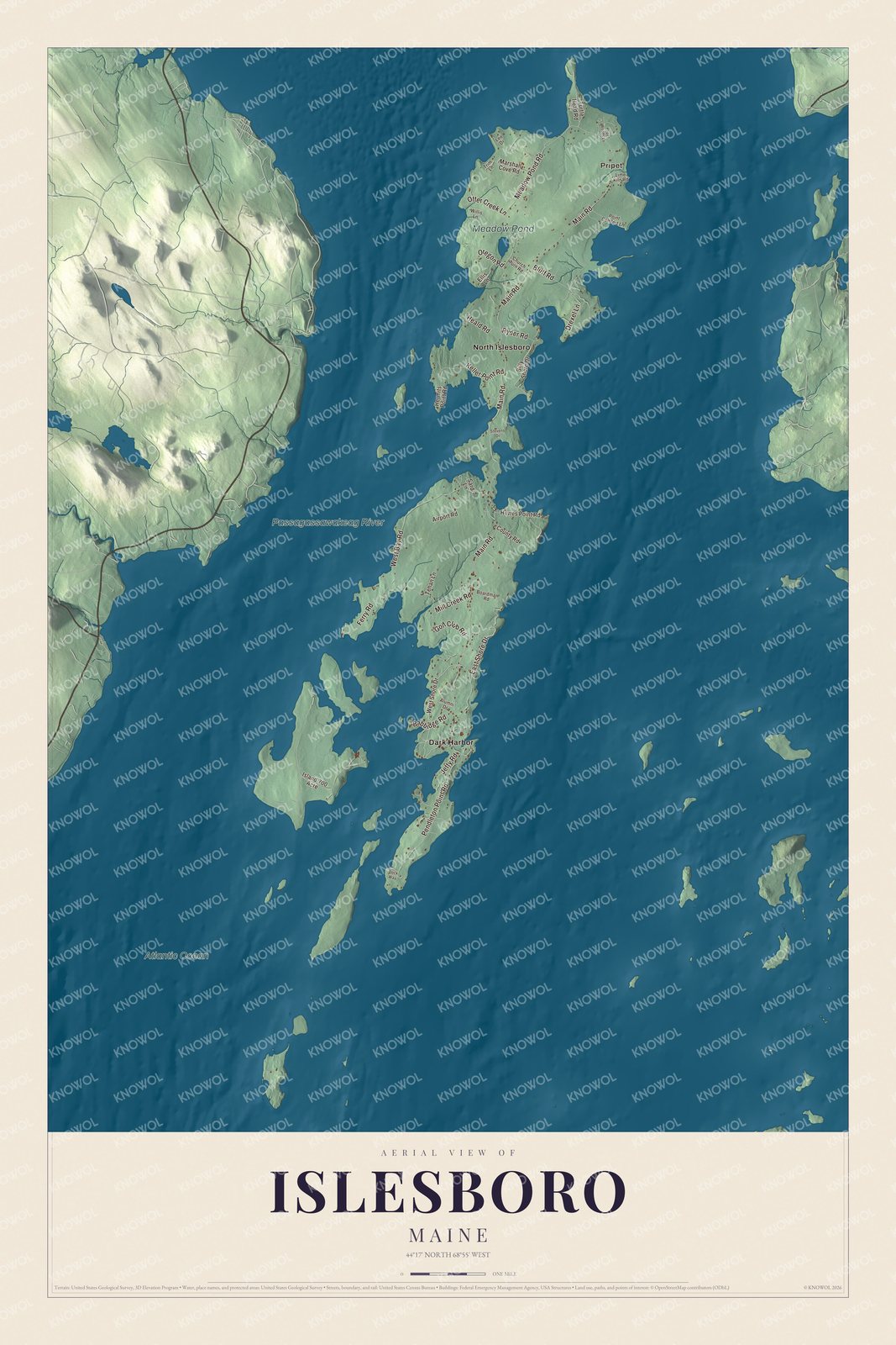 Aerial map of Islesboro, Maine, with roads, buildings, neighborhoods, coastline, ponds and waterways, and terrain