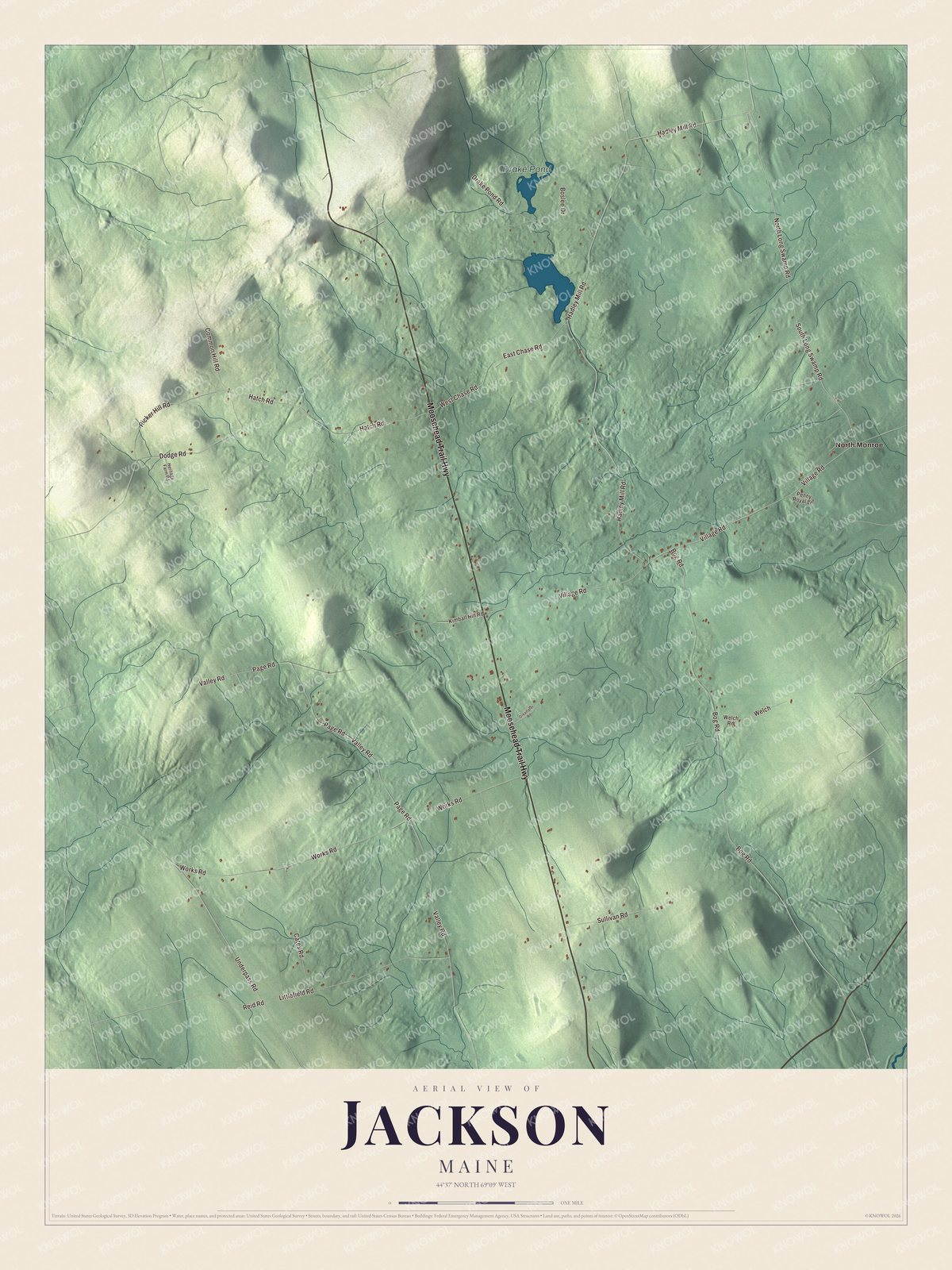 Aerial map of Jackson, Maine, with roads, buildings, ponds and waterways, and terrain