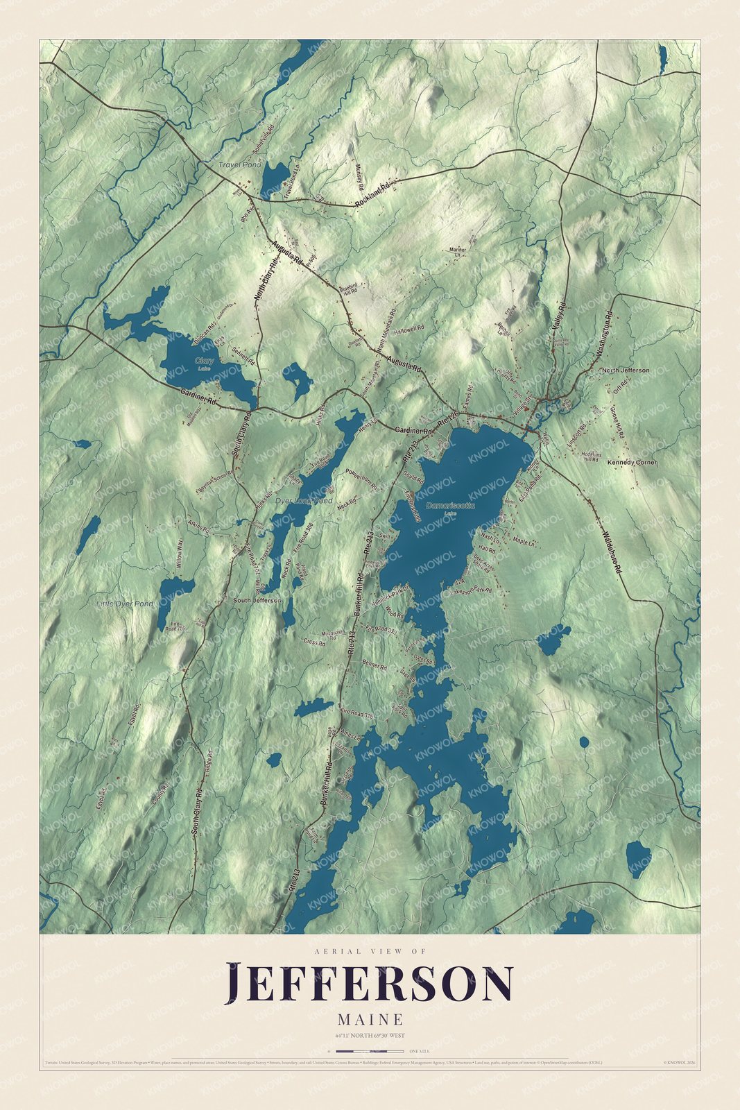 Aerial map of Jefferson, Maine, with streets, buildings, neighborhoods, ponds and waterways, and terrain