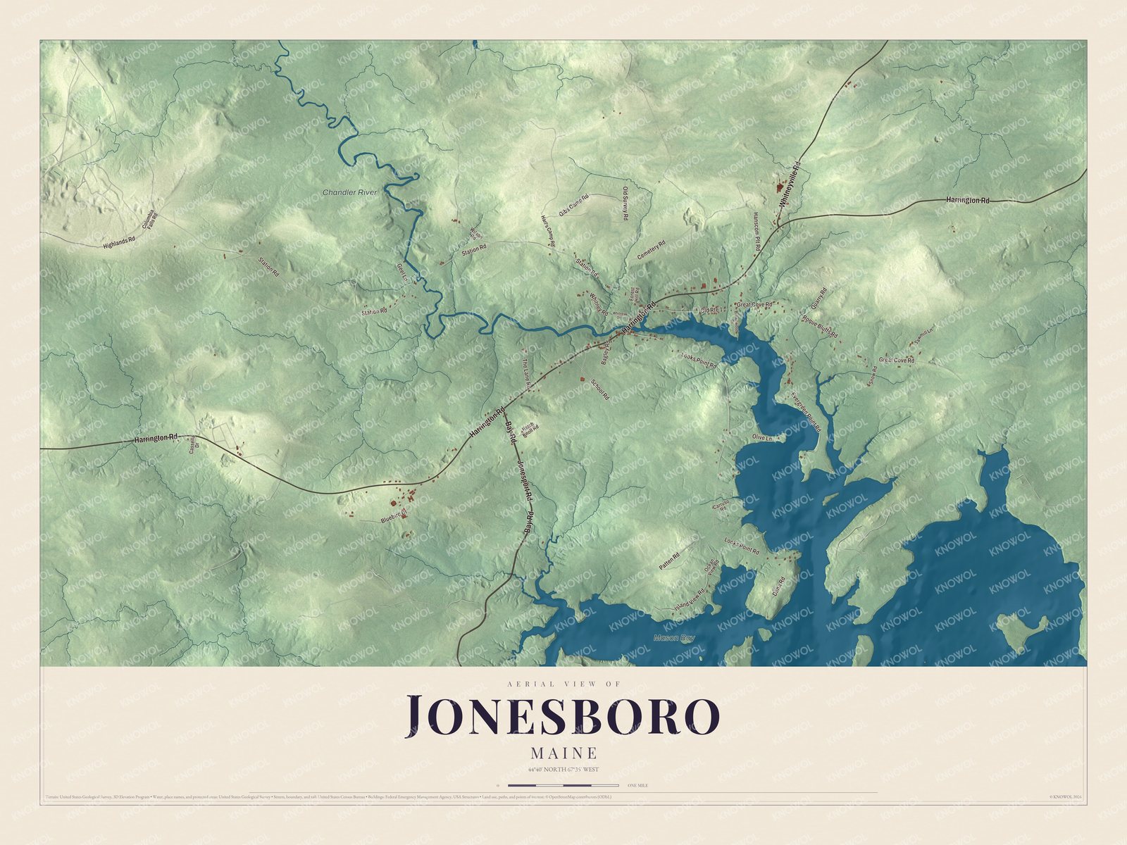Aerial map of Jonesboro, Maine, with roads, buildings, coastline, ponds and waterways, and terrain
