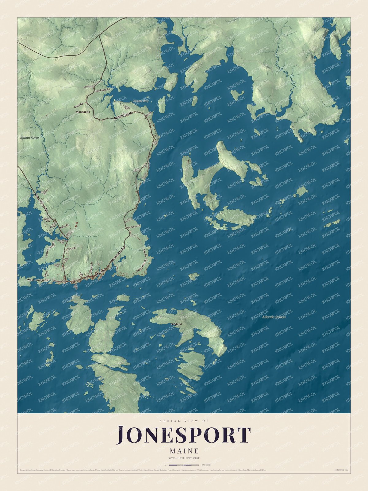 Aerial map of Jonesport, Maine, with roads, buildings, neighborhoods, coastline, ponds and waterways, and terrain