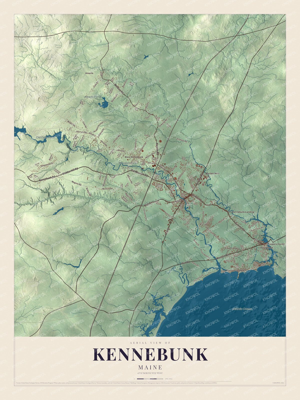 Aerial map of Kennebunk, Maine, with streets, buildings, neighborhoods, coastline, ponds and waterways, and terrain