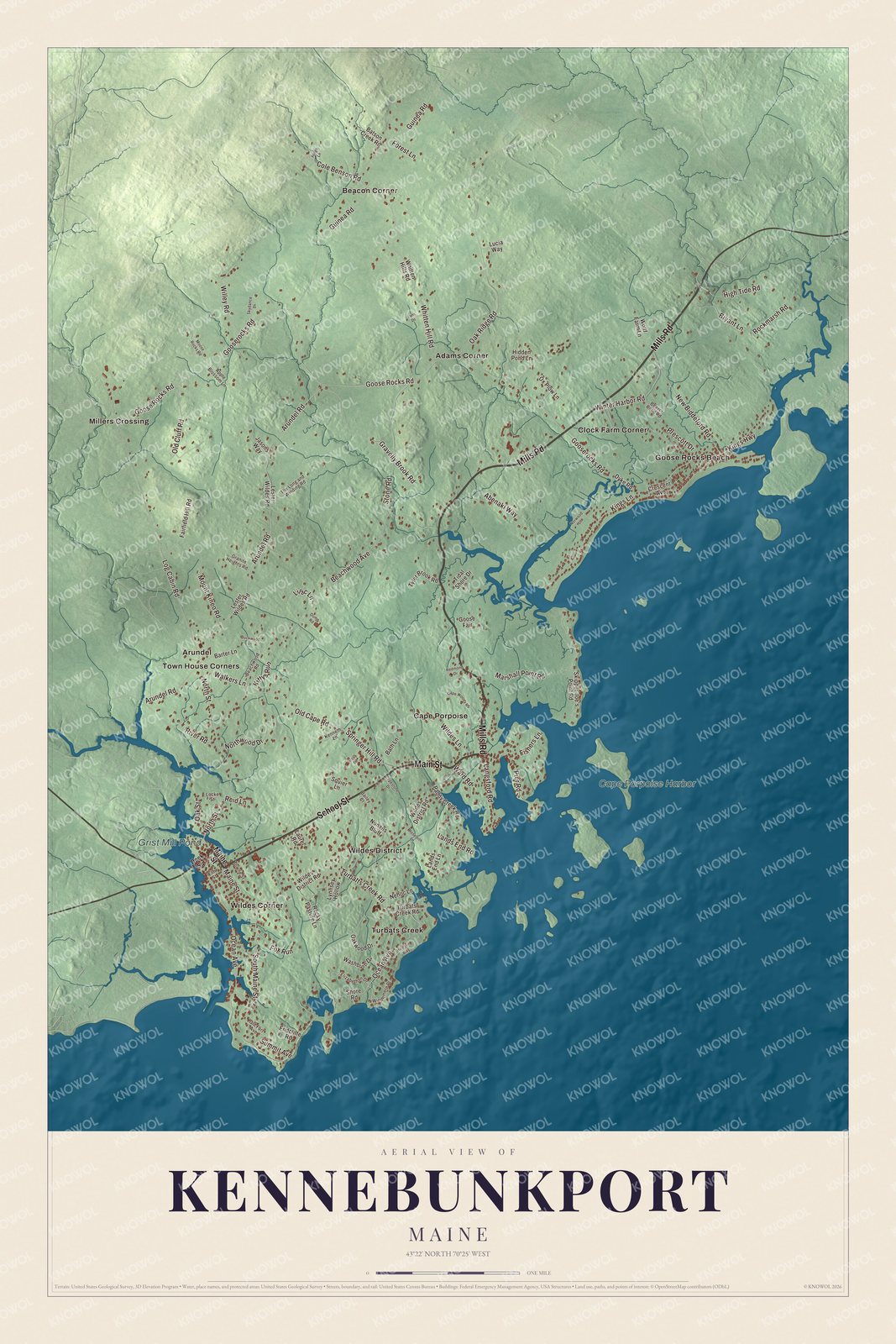 Aerial map of Kennebunkport, Maine, with streets, buildings, neighborhoods, coastline, ponds and waterways, and terrain