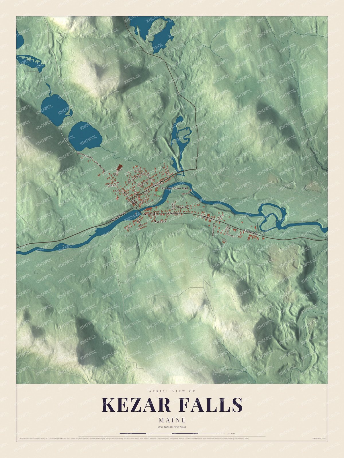 Aerial map of Kezar Falls, Maine, with streets, buildings, and terrain