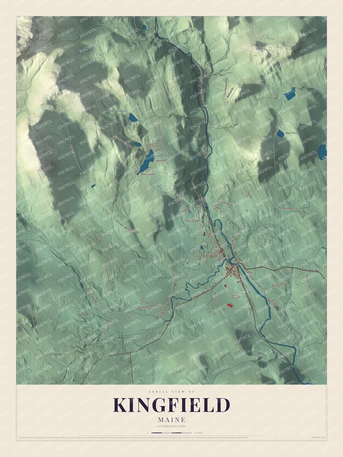 Aerial map of Kingfield, Maine, with roads, buildings, ponds and waterways, and terrain