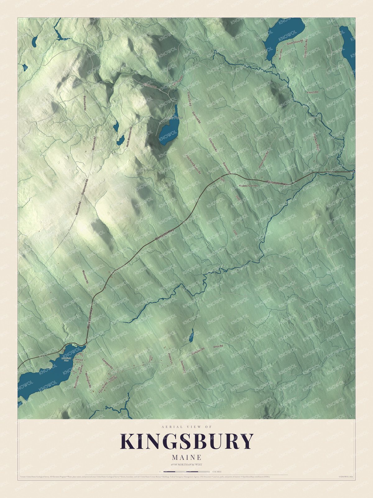 Aerial map of Kingsbury, Maine, with streets, buildings, ponds and waterways, and terrain