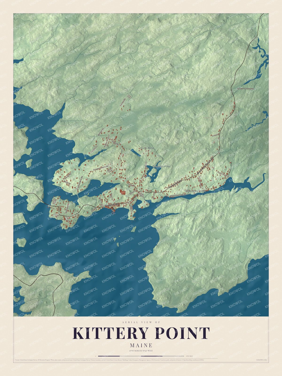 Aerial map of Kittery Point, Maine, showing streets, buildings, ponds and waterways, and terrain