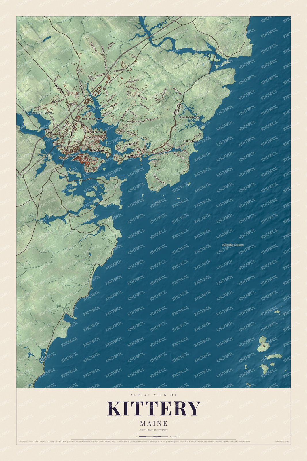 Aerial map of Kittery, Maine, with streets, buildings, neighborhoods, coastline, ponds and waterways, and terrain