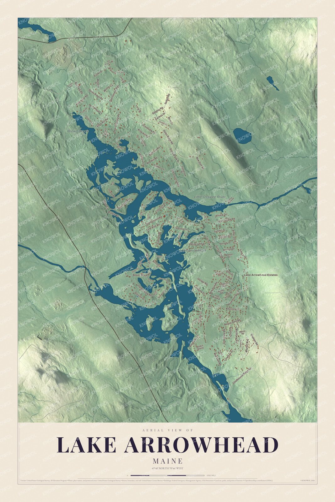 Aerial map of Lake Arrowhead, Maine, showing streets, buildings, ponds and waterways, and terrain