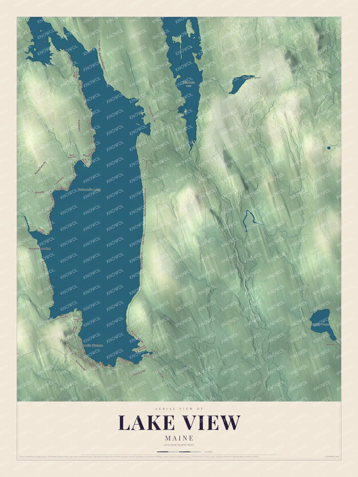 Aerial map of Lake View, Maine, showing streets, buildings, neighborhoods, ponds and waterways, and terrain