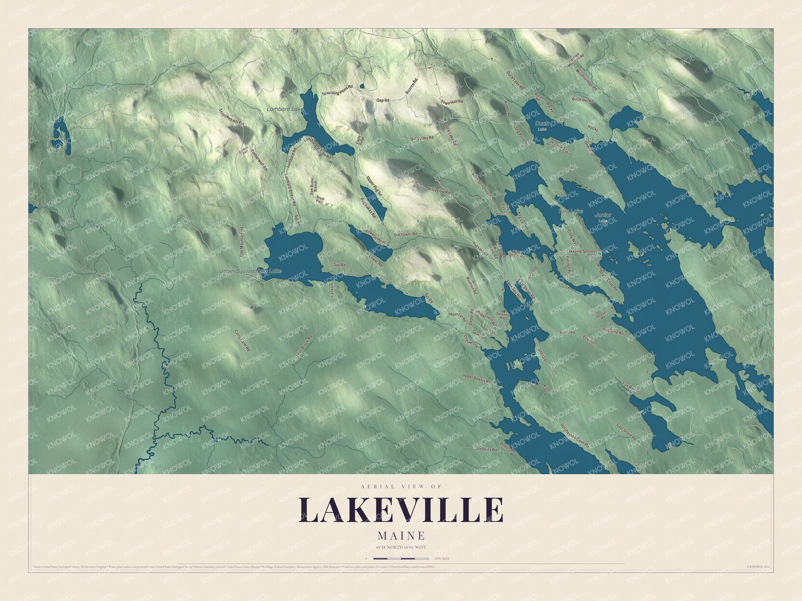 Aerial map of Lakeville, Maine, showing streets, buildings, ponds and waterways, and terrain