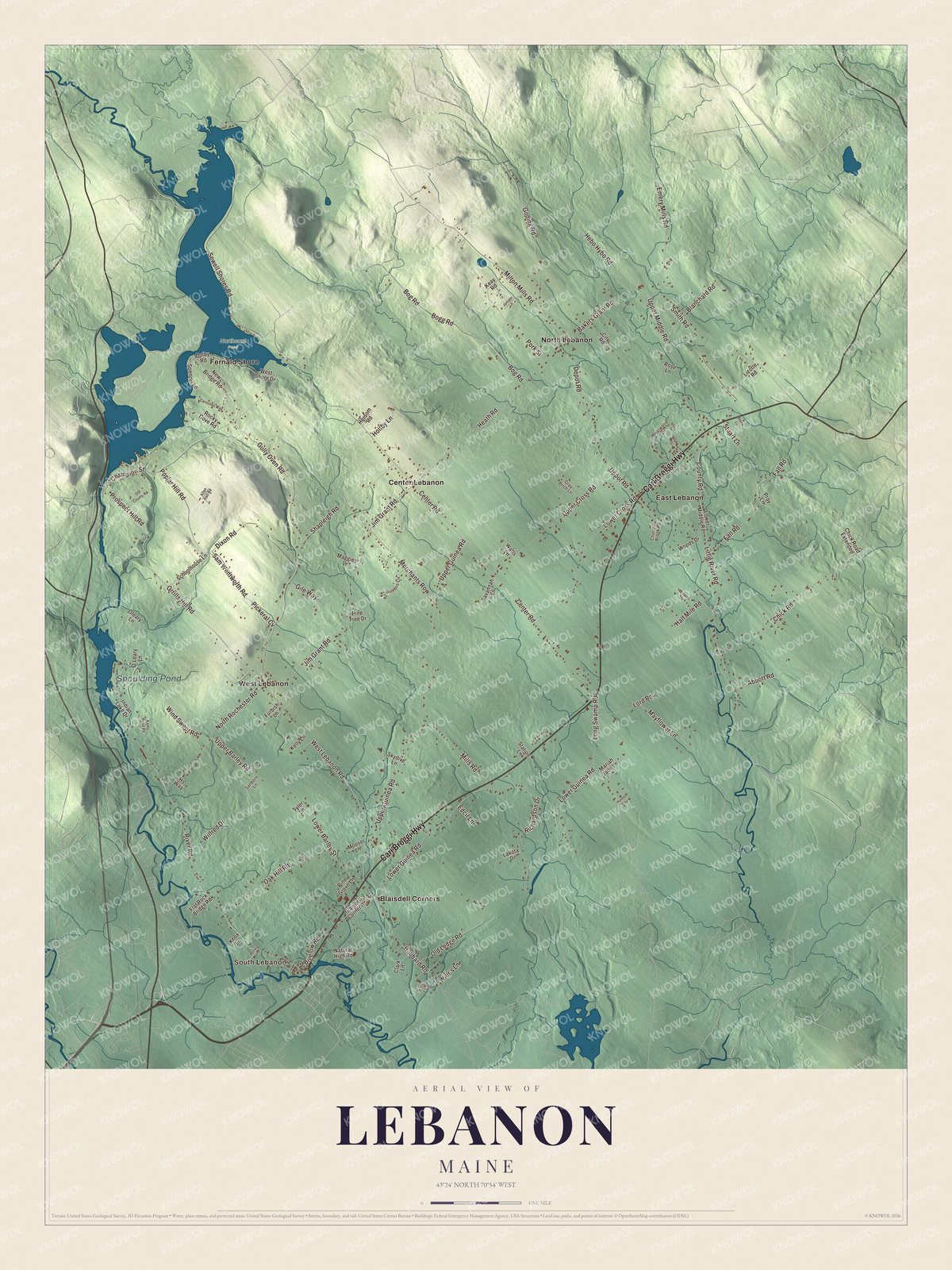 Aerial map of Lebanon, Maine, showing streets, buildings, neighborhoods, ponds and waterways, and terrain