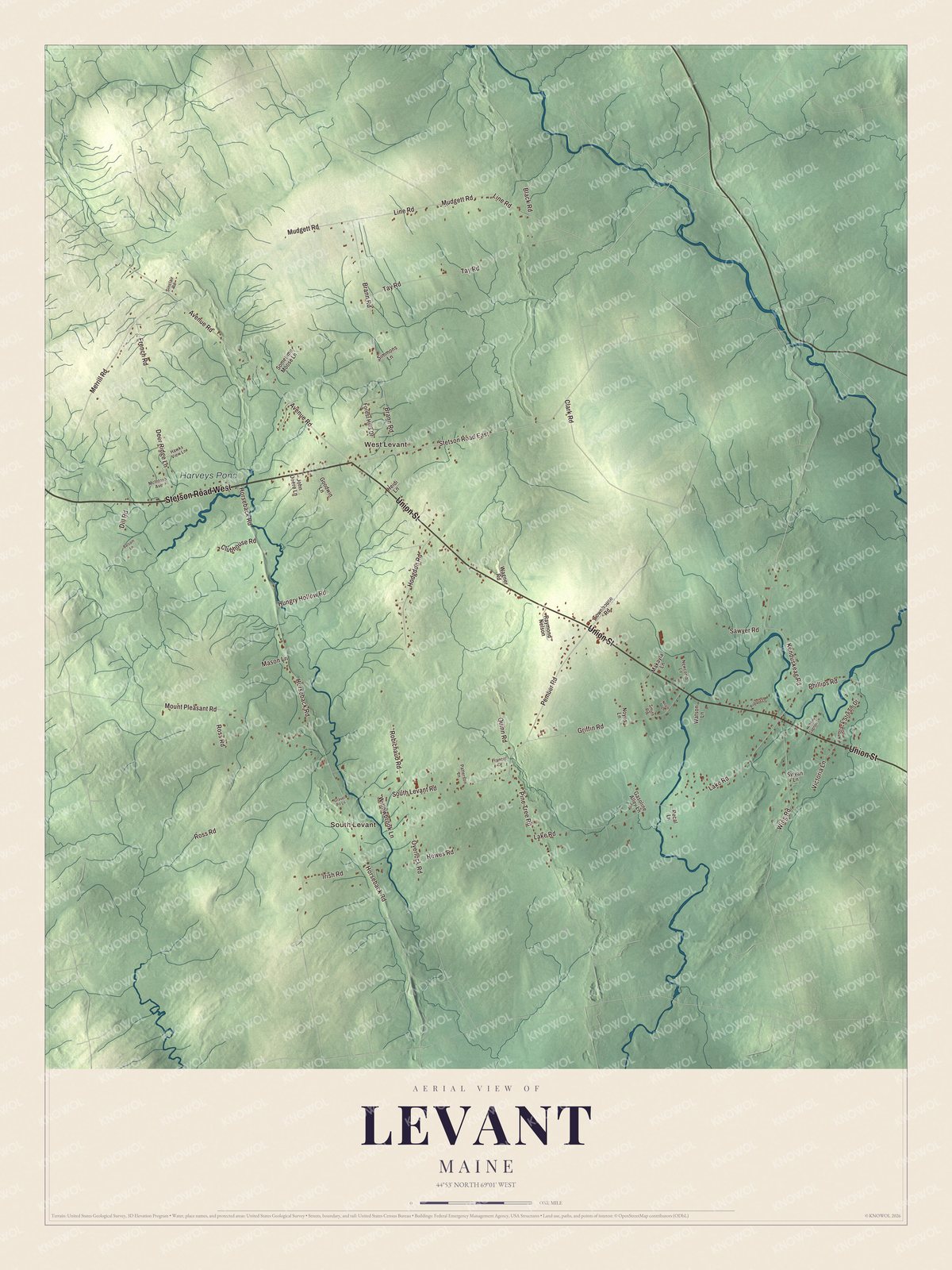 Aerial map of Levant, Maine, showing streets, buildings, neighborhoods, ponds and waterways, and terrain