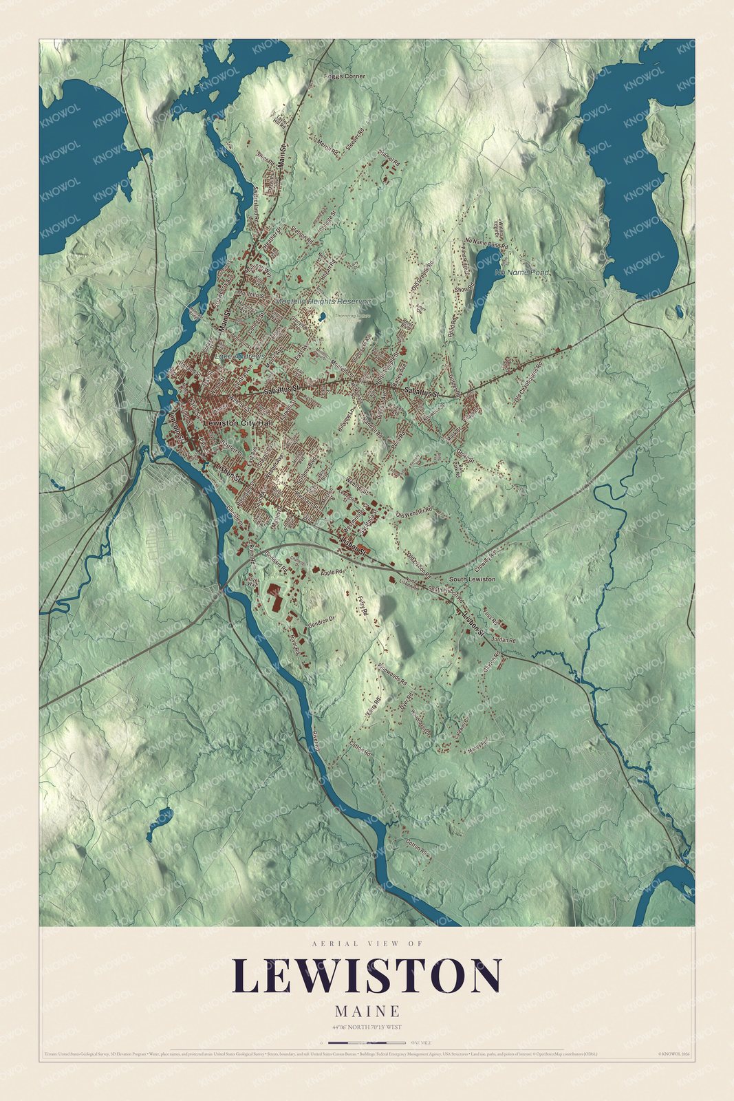 Aerial map of Lewiston, Maine, showing streets, buildings, neighborhoods, ponds and waterways, and terrain