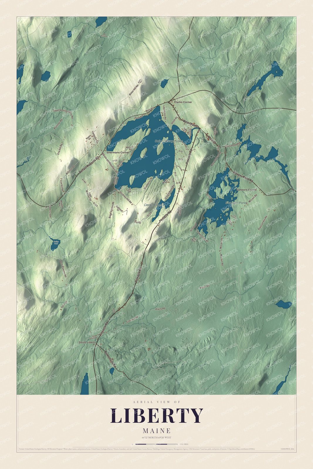 Aerial map of Liberty, Maine, showing streets, buildings, neighborhoods, ponds and waterways, and terrain