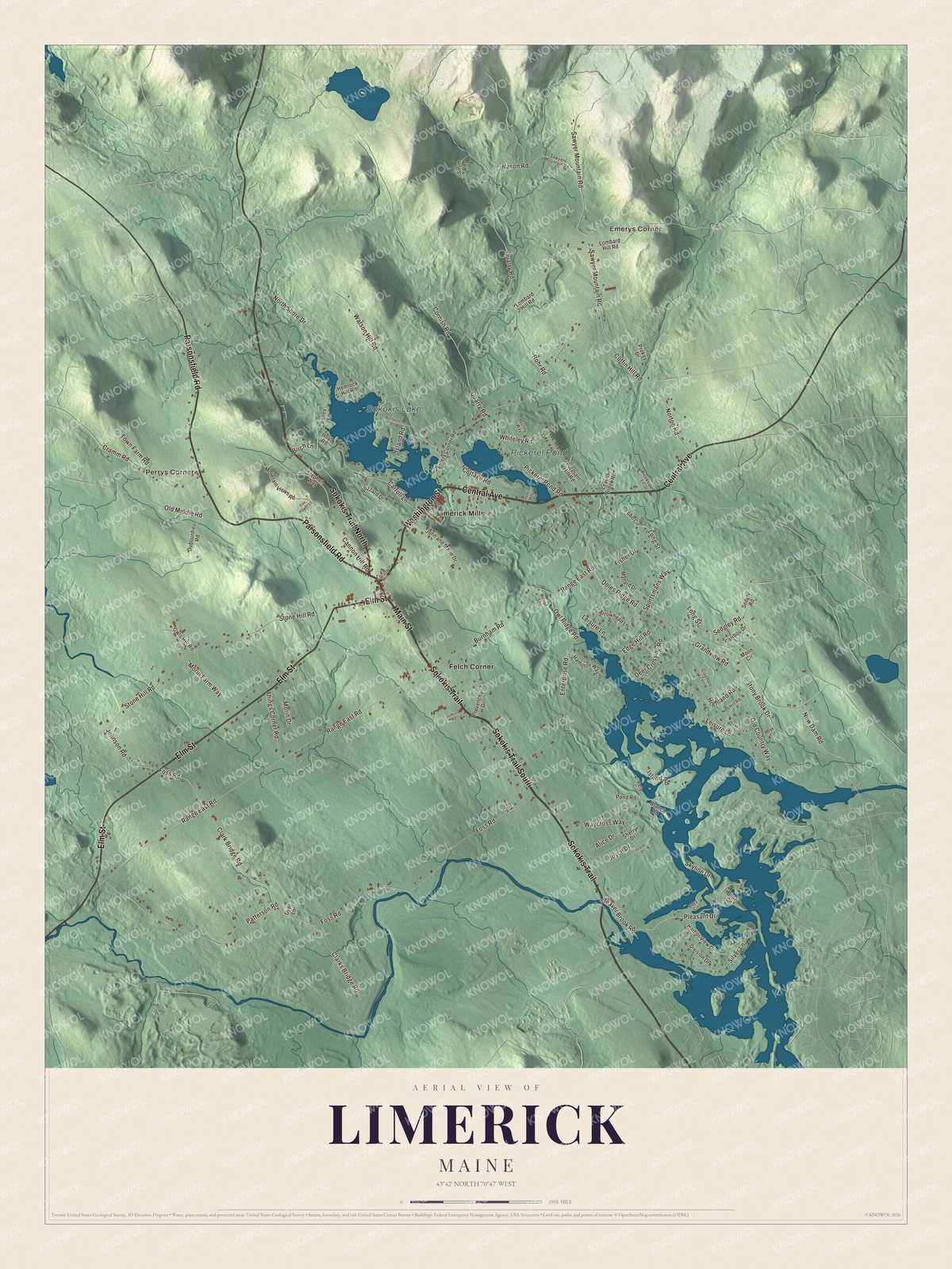 Aerial map of Limerick, Maine, showing streets, buildings, neighborhoods, ponds and waterways, and terrain
