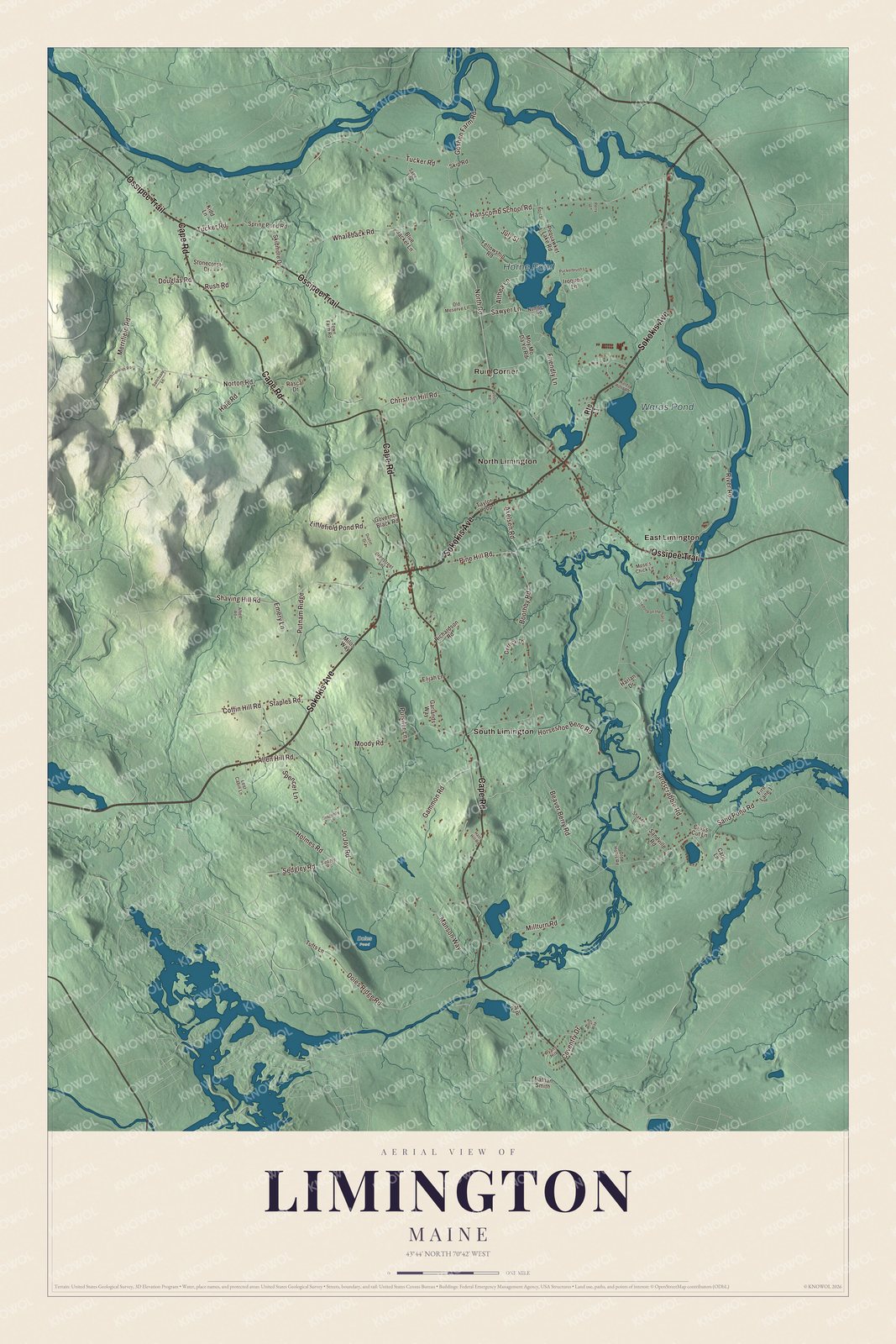 Aerial map of Limington, Maine, showing streets, buildings, neighborhoods, ponds and waterways, and terrain