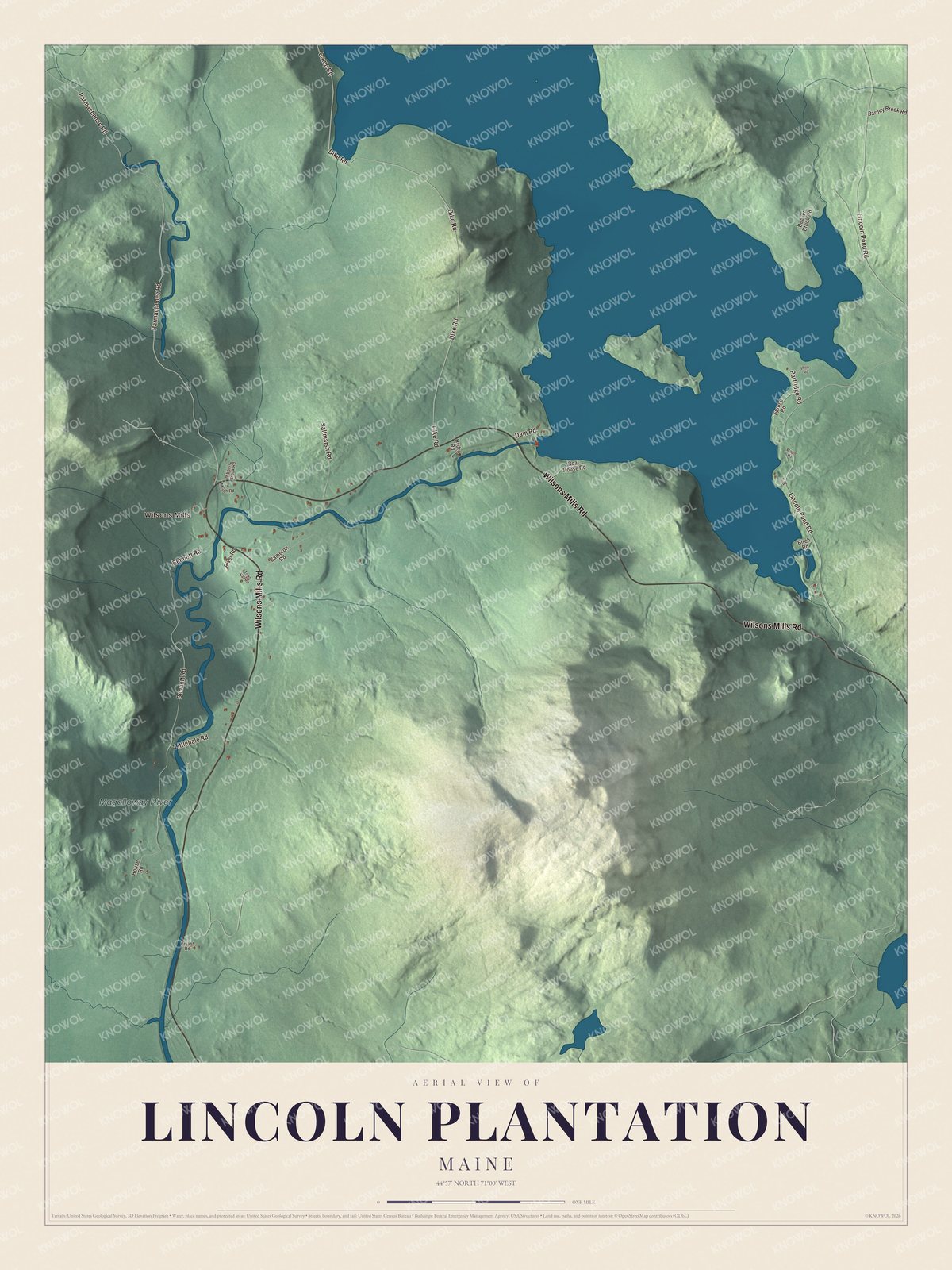Aerial map of Lincoln Plantation, Maine, showing streets, buildings, ponds and waterways, and terrain
