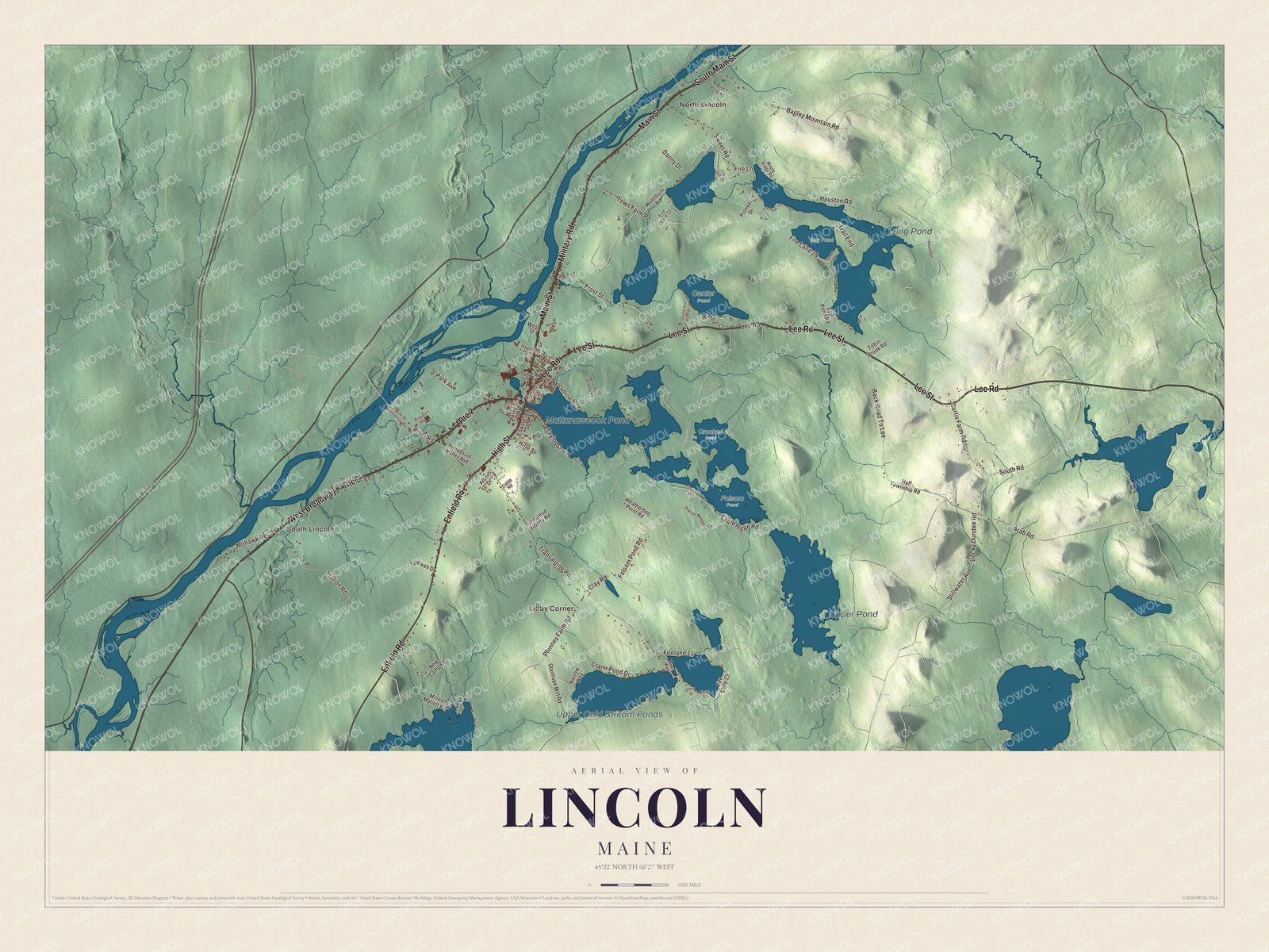Aerial map of Lincoln, Maine, showing streets, buildings, neighborhoods, ponds and waterways, and terrain