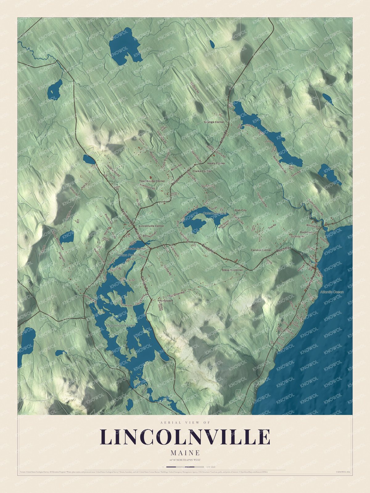 Aerial map of Lincolnville, Maine, showing streets, buildings, neighborhoods, coastline, ponds and waterways, and terrain