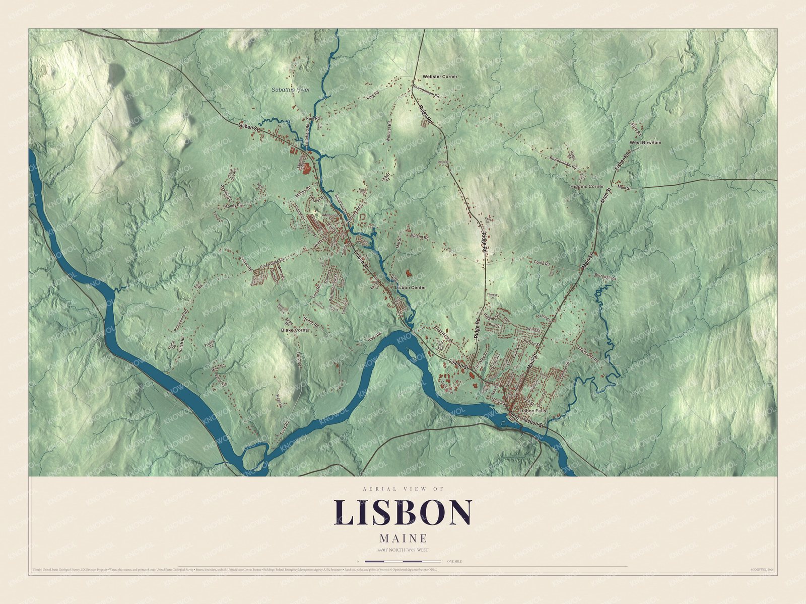 Aerial map of Lisbon, Maine, showing streets, buildings, neighborhoods, ponds and waterways, and terrain