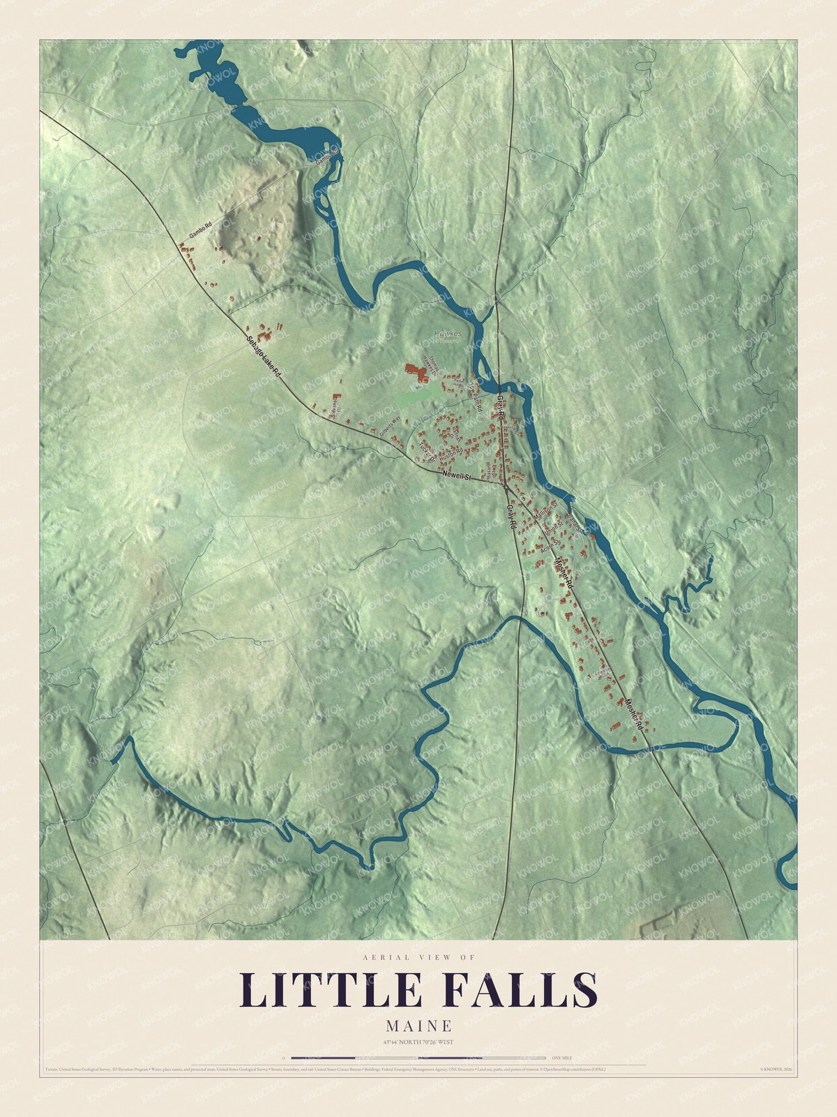 Aerial map of Little Falls, Maine, showing streets, buildings, ponds and waterways, and terrain