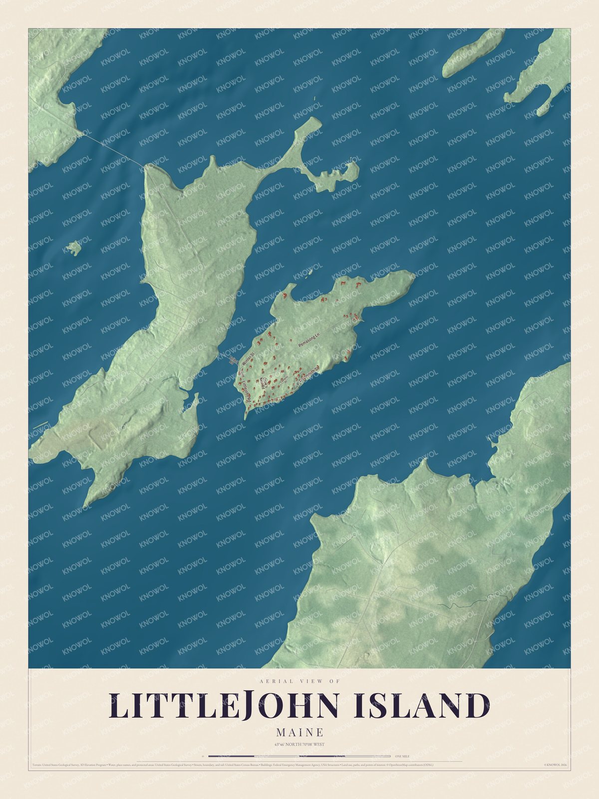 Aerial map of Littlejohn Island, Maine, showing streets, buildings, coastline, ponds and waterways, and terrain