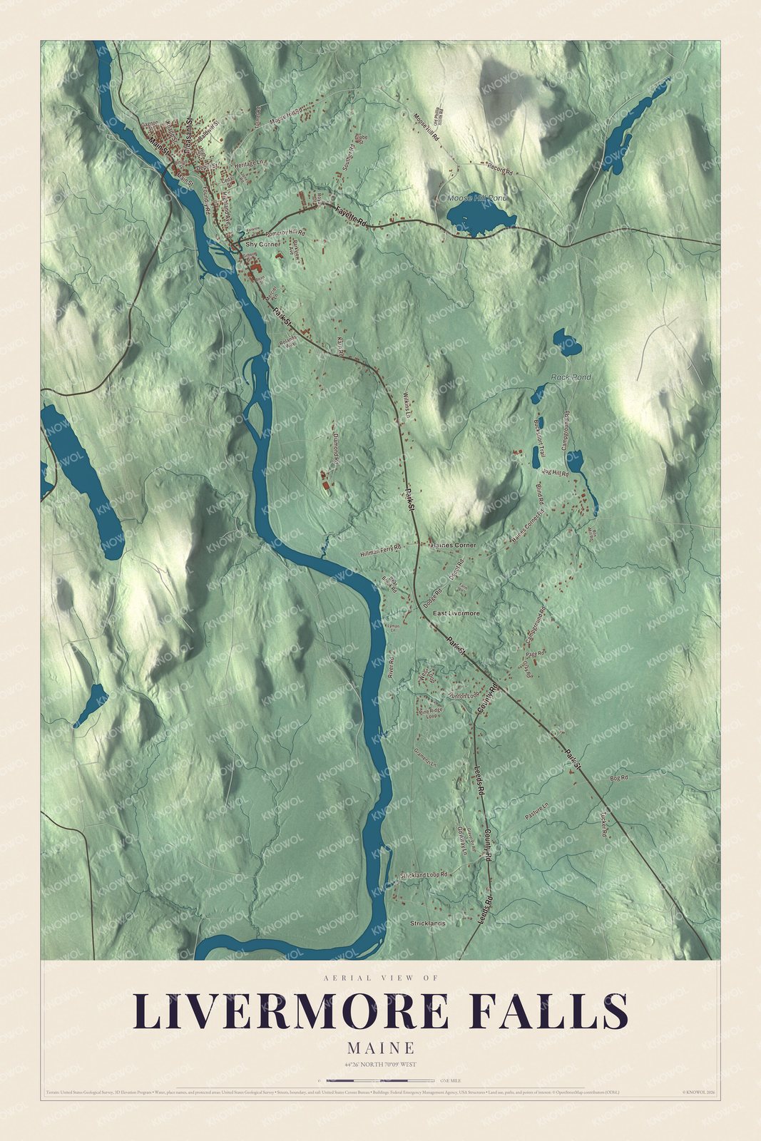 Aerial map of Livermore Falls, Maine, showing streets, buildings, neighborhoods, ponds and waterways, and terrain