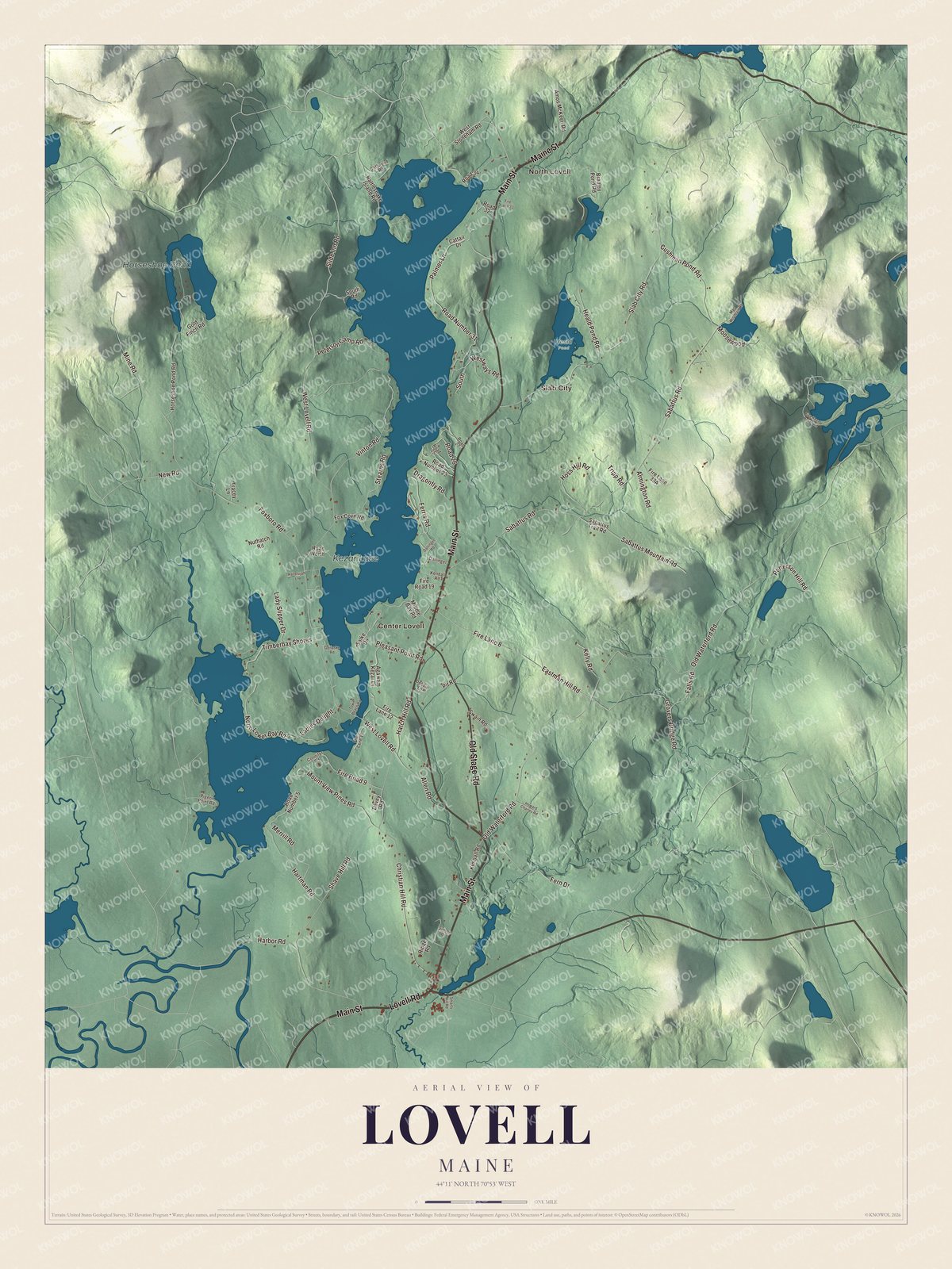 Aerial map of Lovell, Maine, showing streets, buildings, neighborhoods, ponds and waterways, and terrain