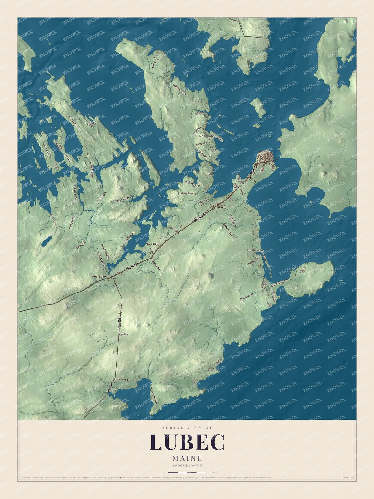 Aerial map of Lubec, Maine, showing roads, buildings, neighborhoods, and terrain