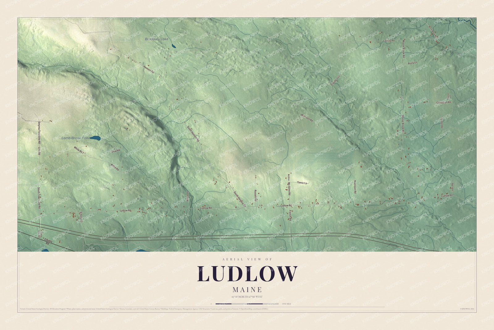 Aerial map of Ludlow, Maine, showing roads, buildings, ponds and waterways, and terrain
