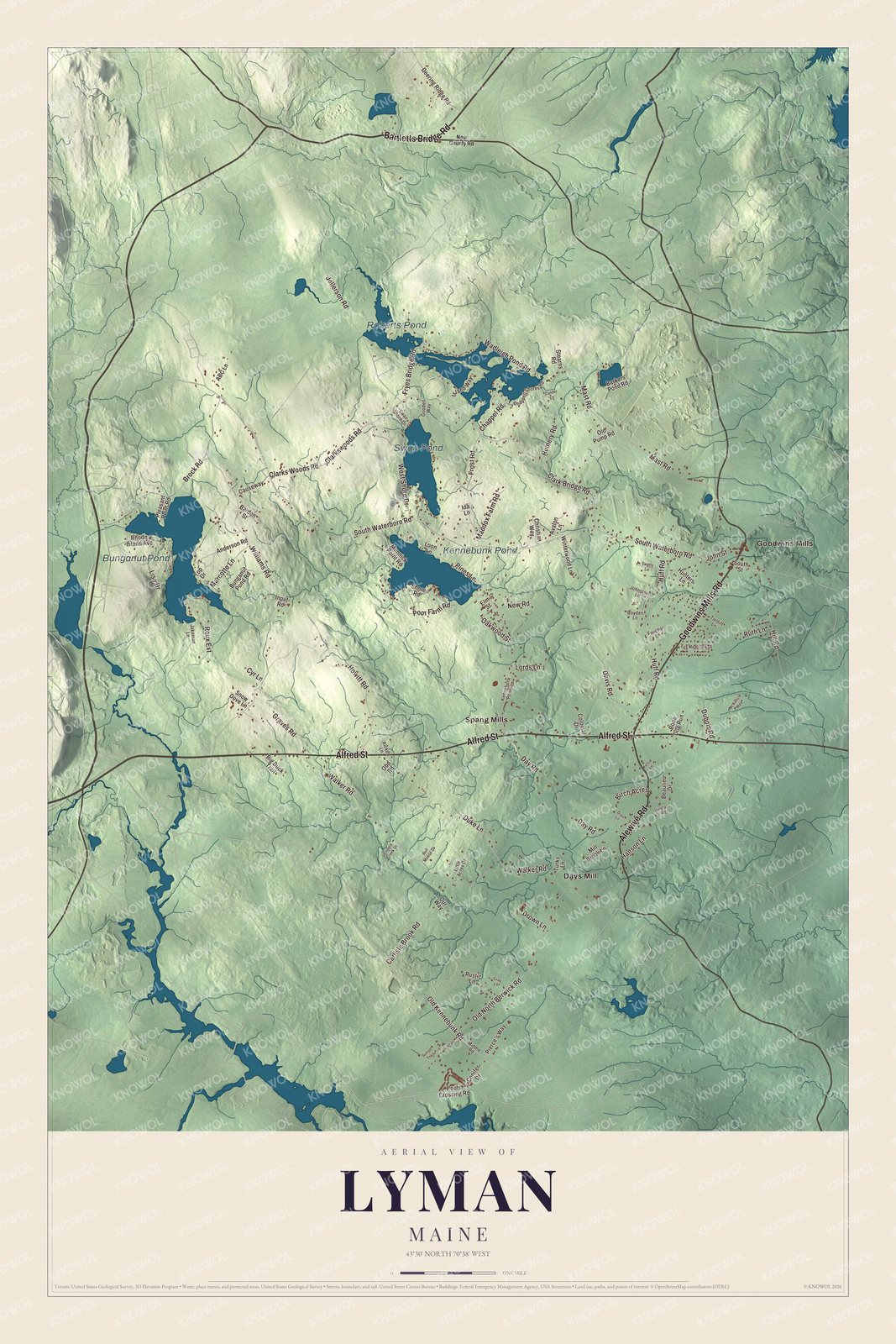 Aerial map of Lyman, Maine, showing streets, buildings, neighborhoods, ponds and waterways, and terrain